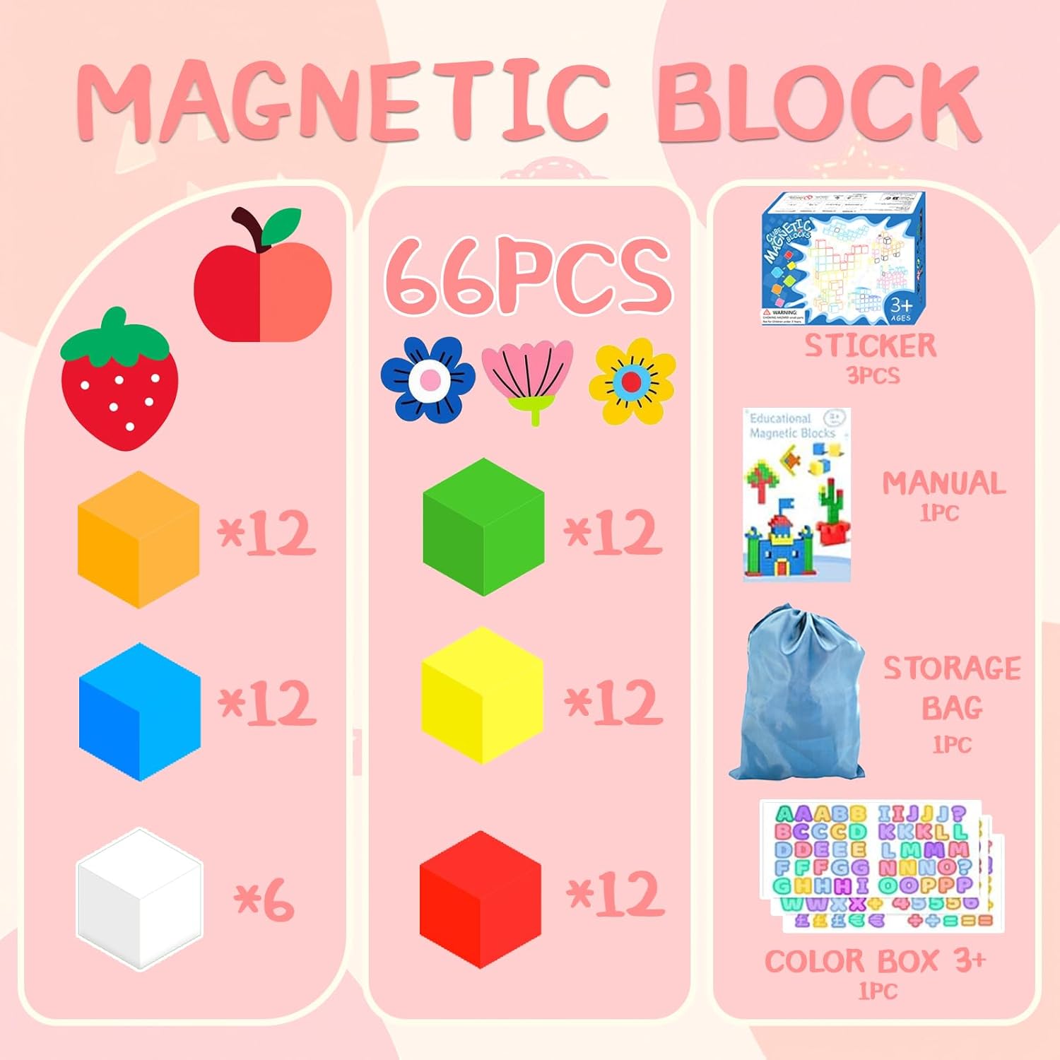 66PCS Magnetic Building Blocks for Kids, 1.3" Large Magnetic Cubes STEM Toys for 3+ Year Old Boys Girls, Sensory Stacking Blocks Learning Toys, for Toddlers & Kindergarten