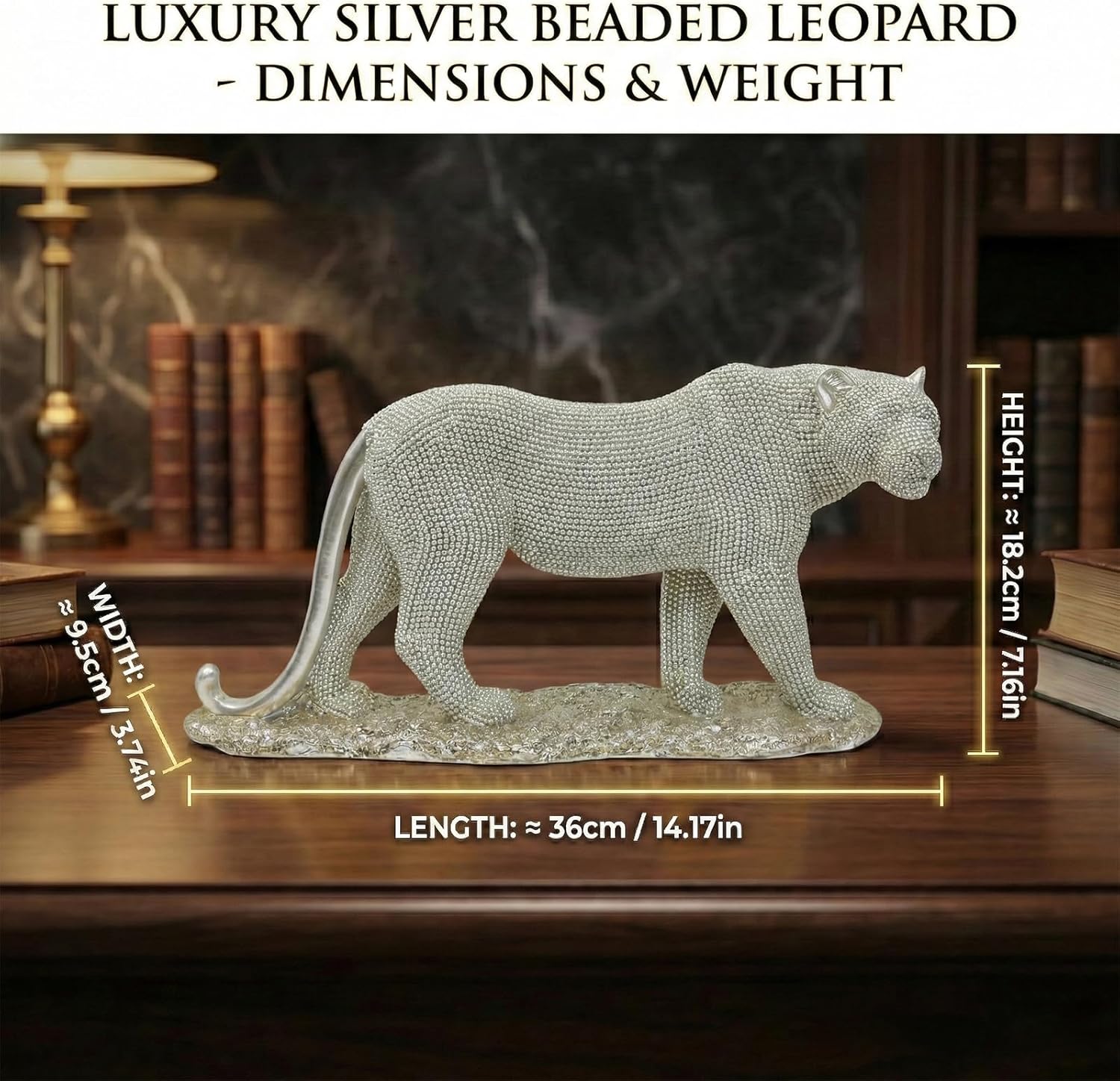 Silver Leopard Statue, 14.17" Beaded-Look Cheetah Sculpture with Non-Slip Pads, Hand-Textured Dot Beads & Spray Painted Finish, Shelf Mantel Console Decor（Silver）