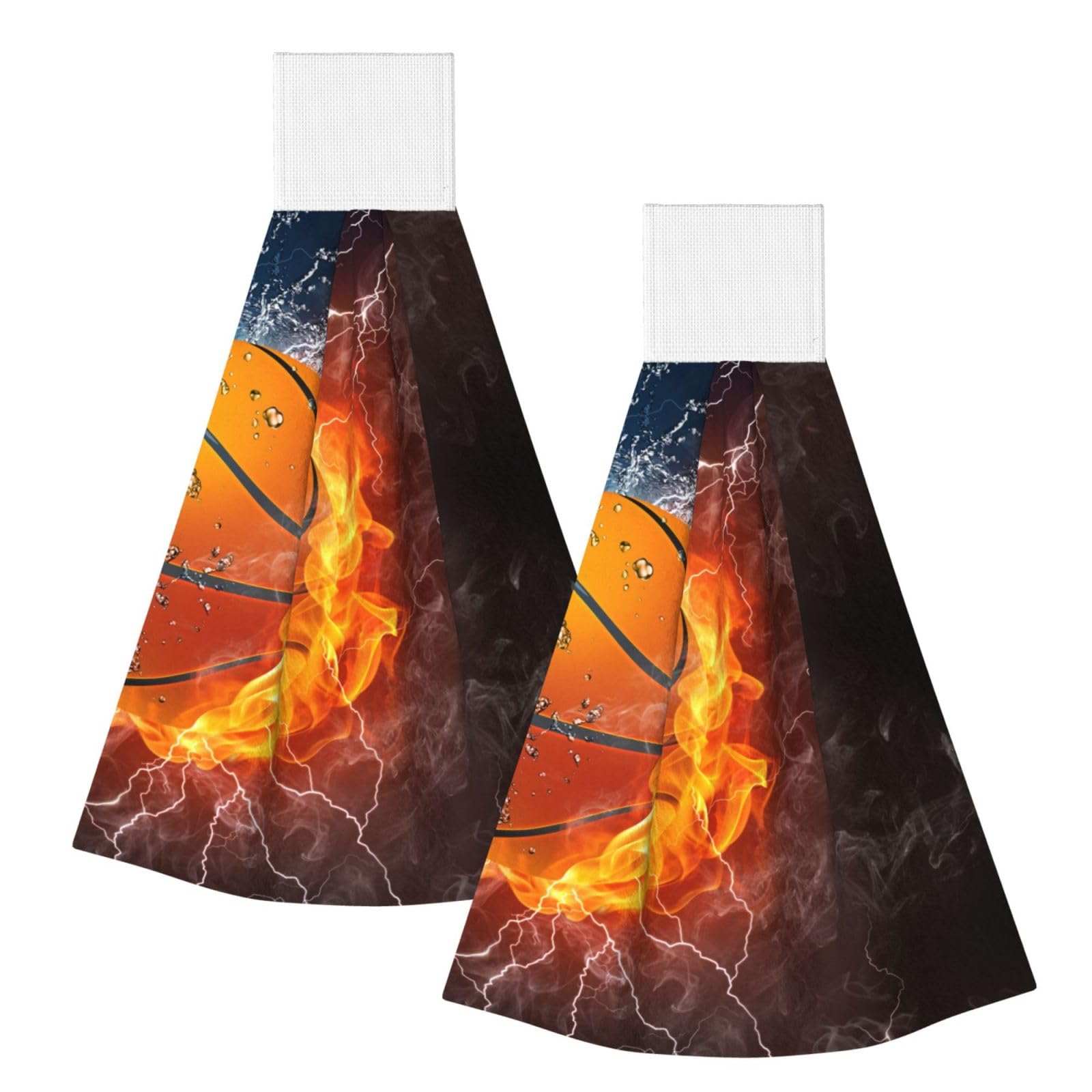 DOPKLNA Basketball Ball On Fire And Water, 2 Pcs Hanging Coral Fiber Hand Towels for Bathroom, Absorbent Kitchen Towels