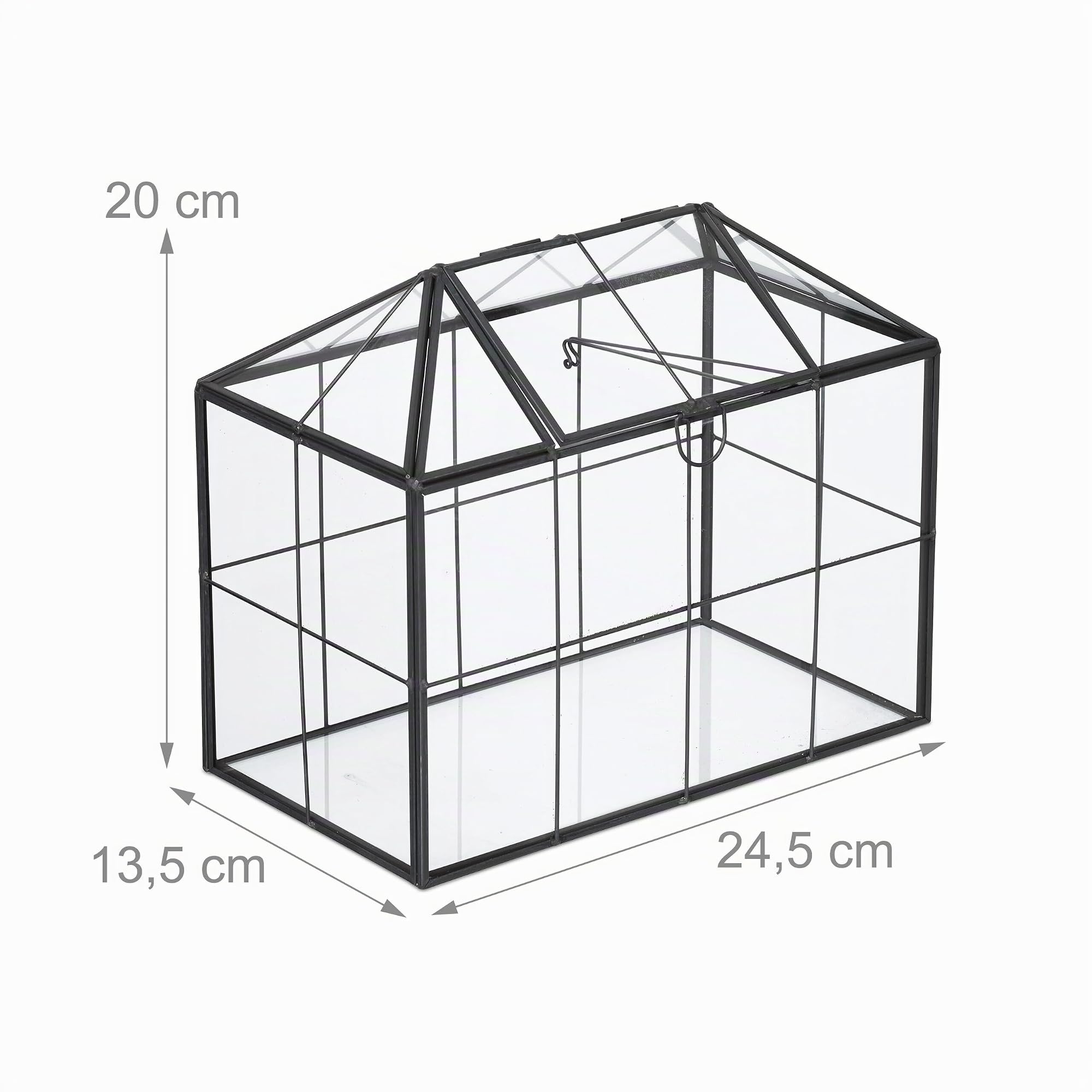 Relaxdays Terrario de Cristal y Estaño para Plantas, Cactus y Musgo, 20x24,5x13,5 cm, Negro