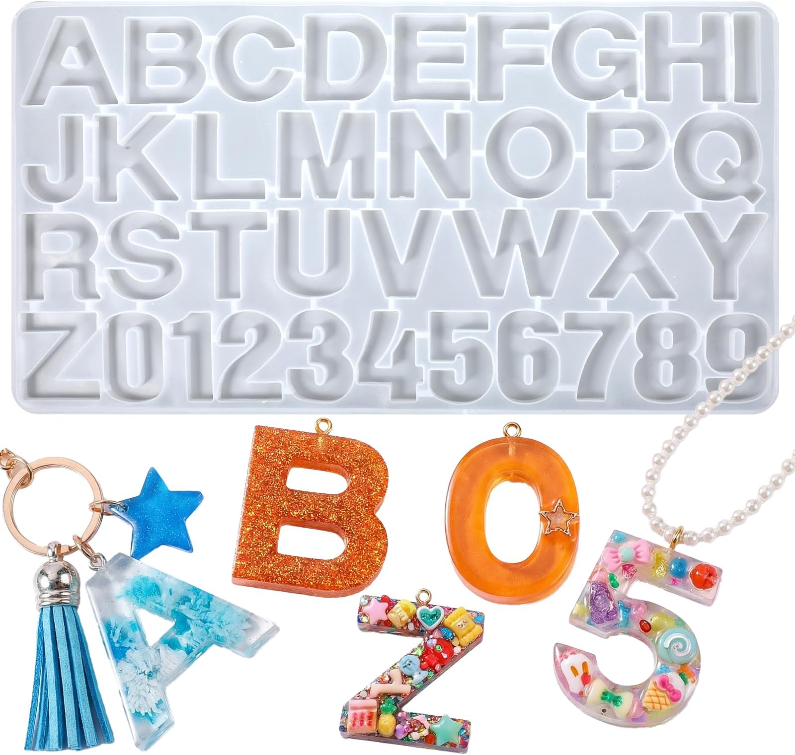 Thinp Resin Letter Molds, 0-9 Number Resin Molds 26 Alphabets Mold for Epoxy Resins Large Resins Keychain Mold SiliconeMold with Hole for DIY Keychain Jewelry Pendant Gift Making