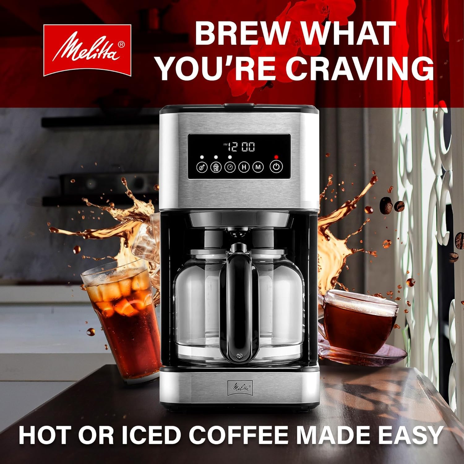 Melitta Aroma Tocco Plus Glass 12-Cup Drip Coffee Maker, Black & Stainless | Automatic & Programmable, Auto Shut Off, Touch Control Panel, 5-Pack Coffee Filters Included