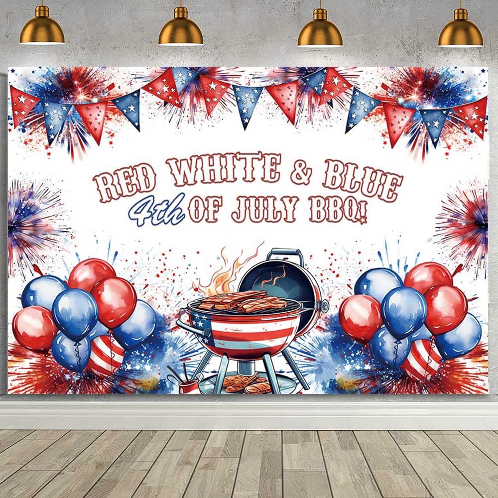 MEHOFOND 7x5ft 4th of July Backdrop Red White and Blue 4th of July BBQ Party Background Banner Fireworks Balloon Independence Day Decorations Backdrop 4th of July BBQ Patriotic Party Decor Supplies