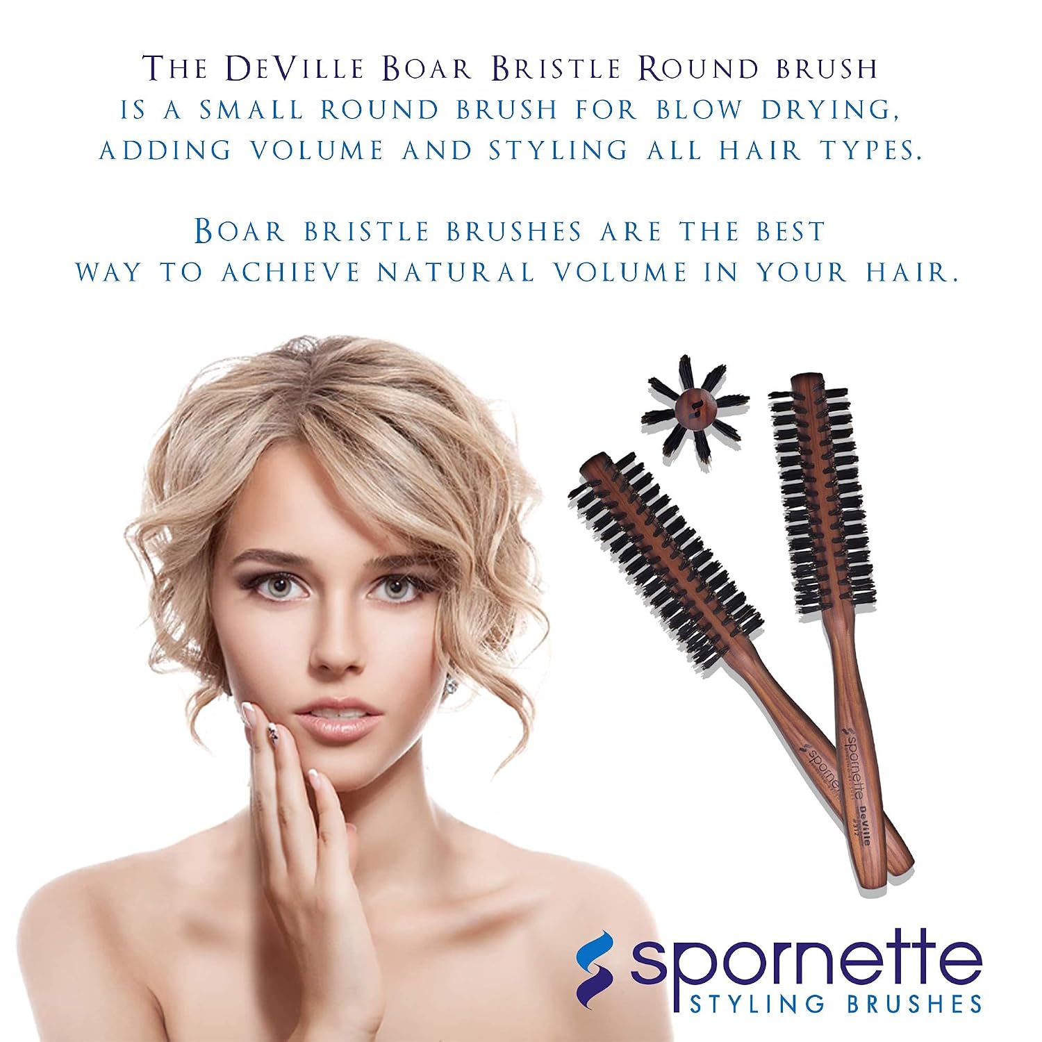 Spornette Deville 1.5 Inch Round Boar Bristle Bundle with Sculpting Hair Brush and Cushion Paddle Boar Bristle for Short, Curly, Frizzy, Thin, Thick Hair - Brown, Unisex