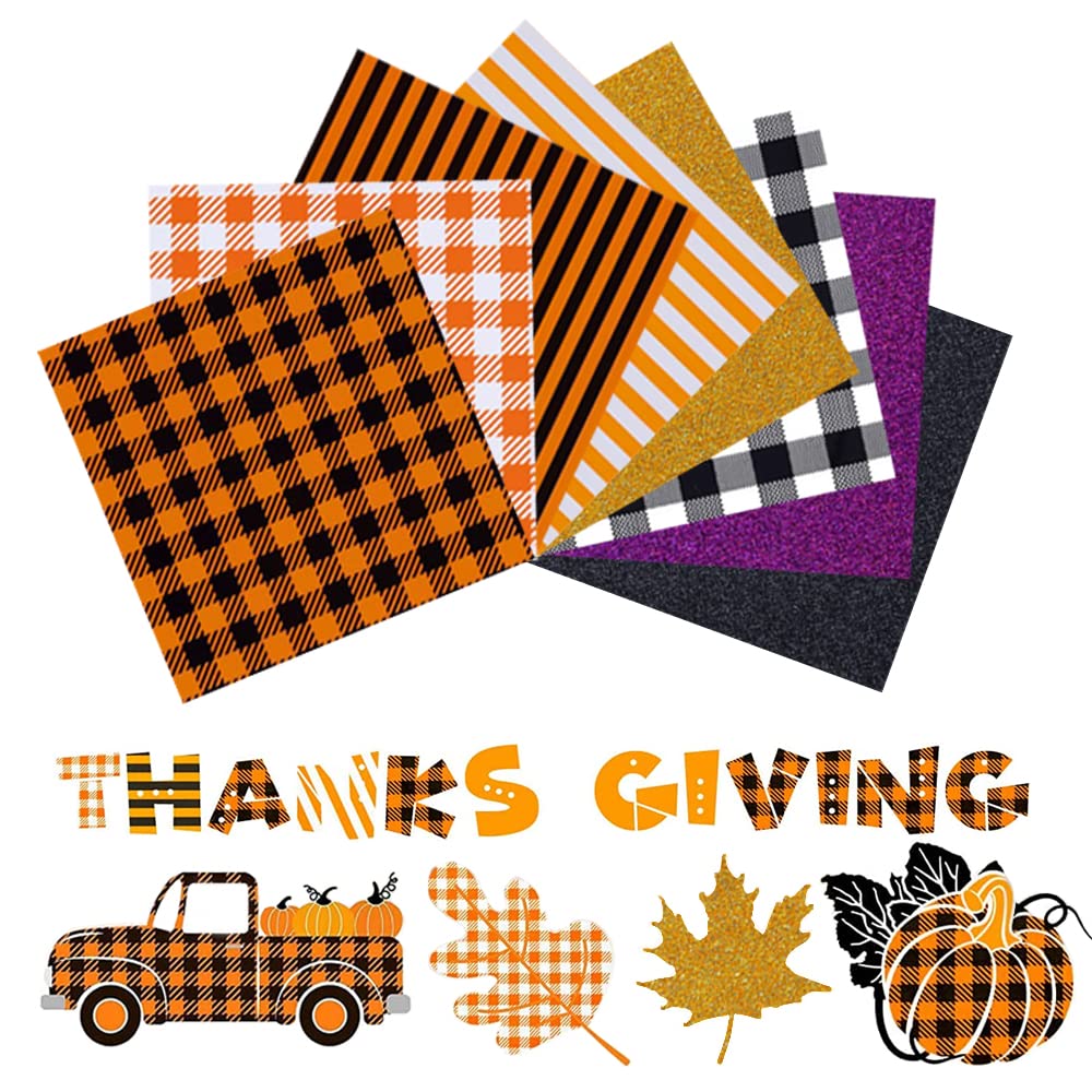 Halloween Heat Transfer Vinyl,8 Sheets Thanksgiving Fall Autumn Orange Stripe Buffalo Plaid HTV for DIY CraftSilhouette Cameo or Heat Press