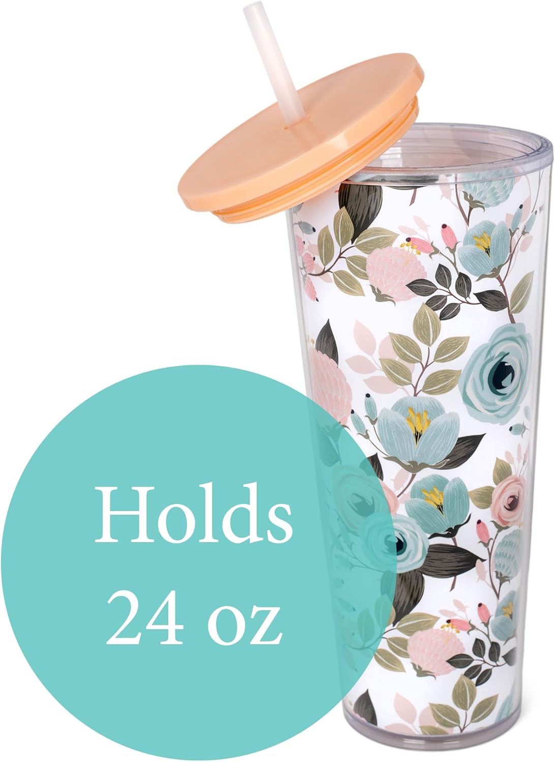 Mary Square SH00059 Peachy Pink Floral Foliage 24 ounce Acrylic Travel Tumbler with Straw For Iced Coffee or Water - Image 3