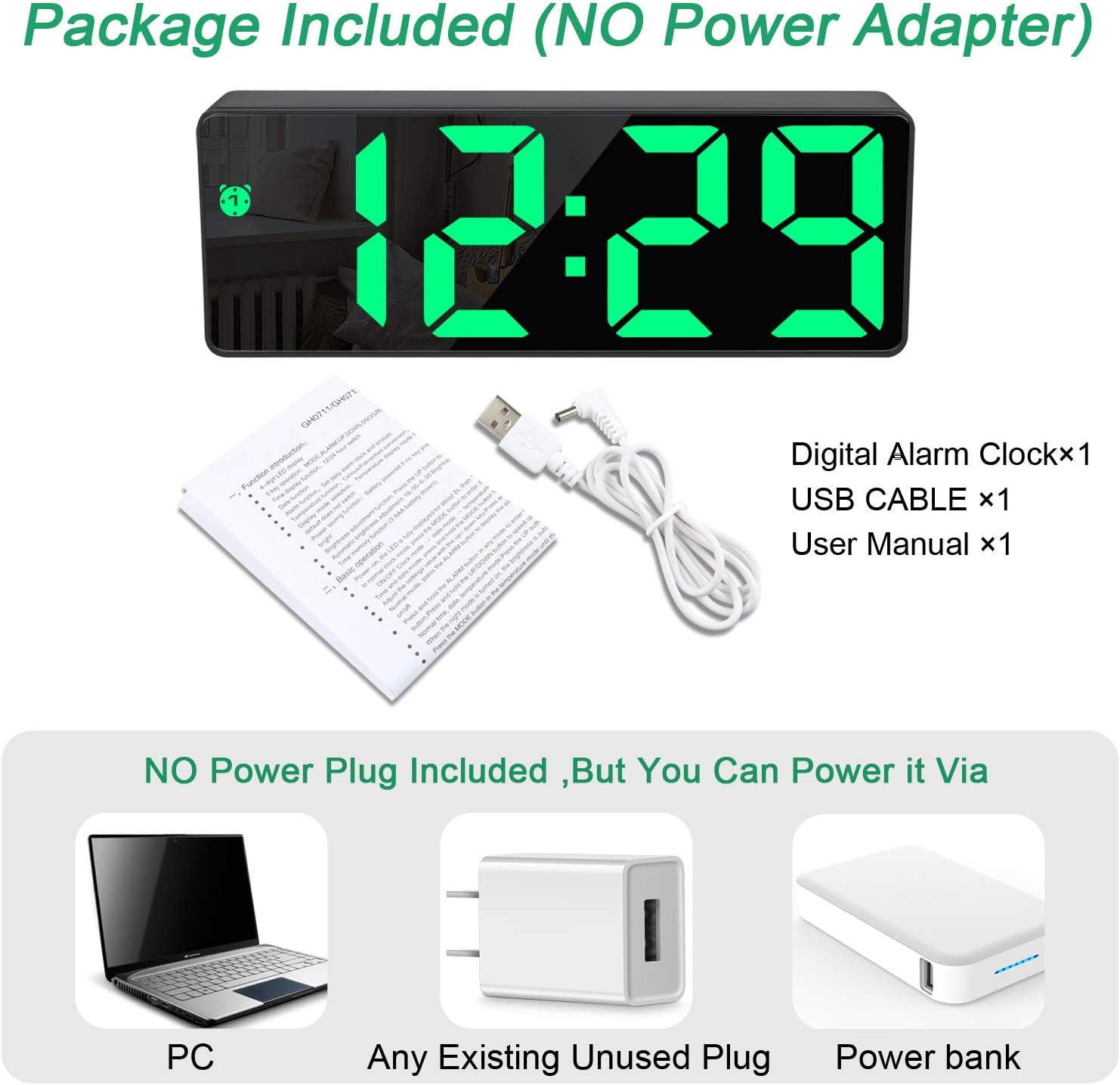 Package contents of the Edillas Digital Alarm Clock including the clock, USB cable, user manual, and backup battery