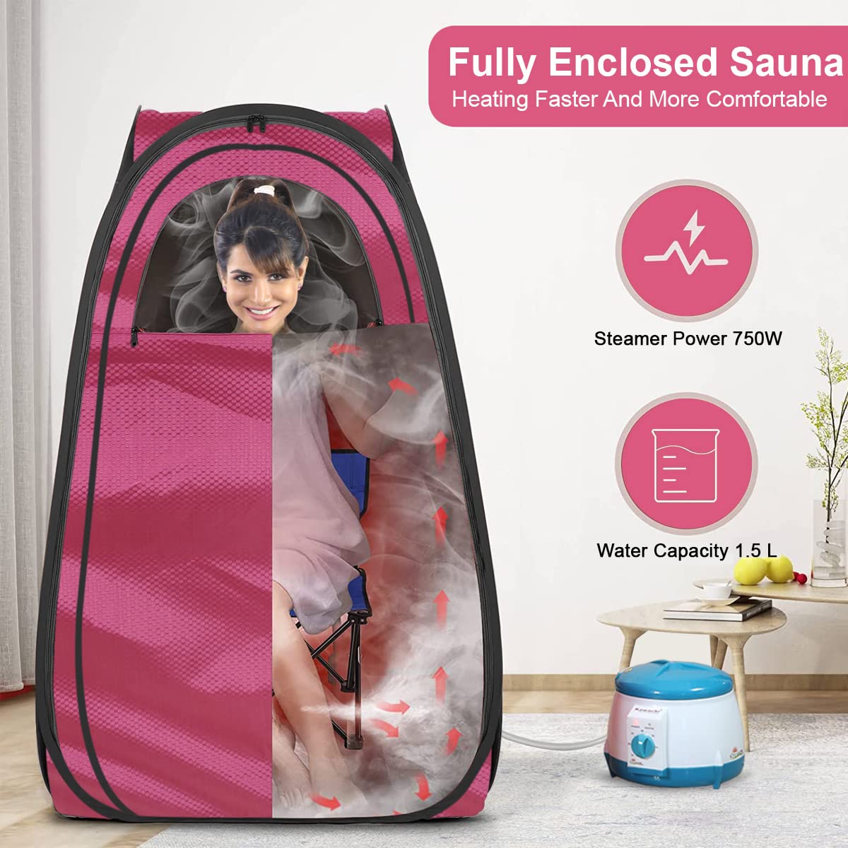 Kawachi Portable Steam Sauna Bath for Home, Full Body Personal Sauna, 1.5L 750W Steam Generator, 60 Minute Timer (Baby Pink) 3