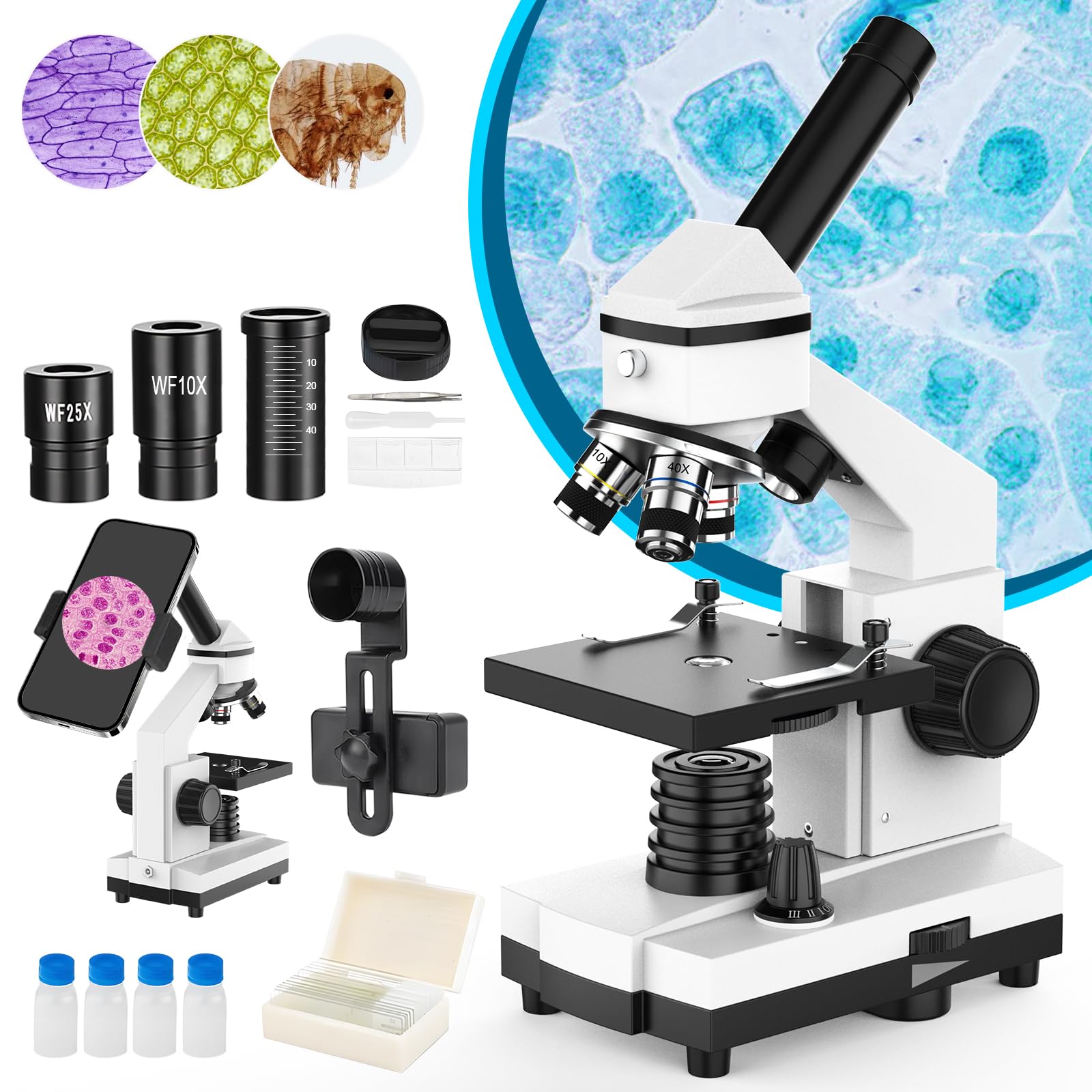 Microscope for Adults and Kids - 40X-2000X Monocular Microscopes with Slides Set, Dual Led Light, Phone Adapter, Professional Biological Optical Microscopes for Students School Home Education
