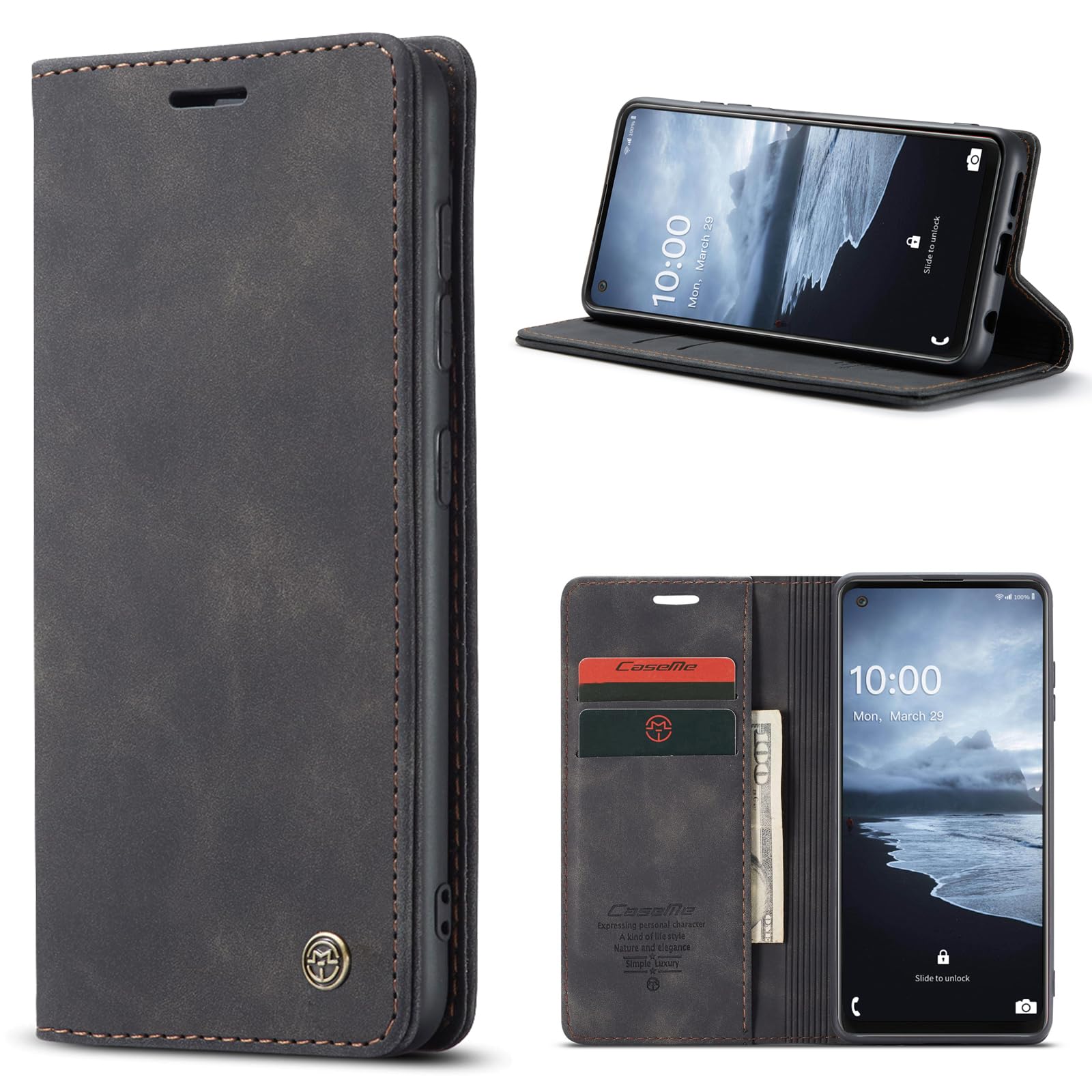 Flip Wallet Case for Samsung Galaxy A21S, Leather Magnetic Folio Cover with Card Holder, Kickstand Durable - TPU Shockproof Protective Phone Case - Black