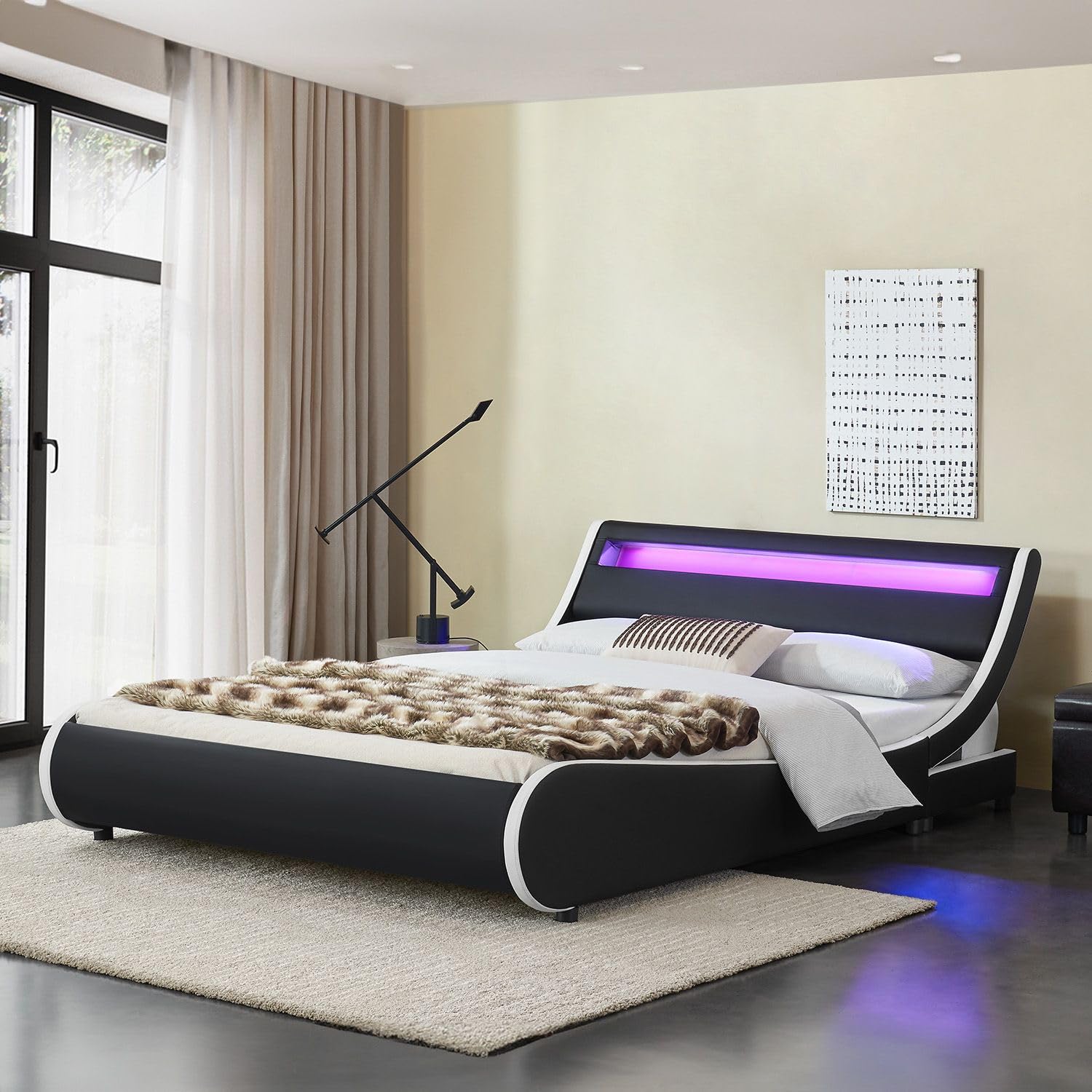 Juskys Polsterbett Valencia 180x200 cm komplett mit Matratze, LED Beleuchtung, Lattenrost & Kopfteil - Bett Doppelbett - schwarz