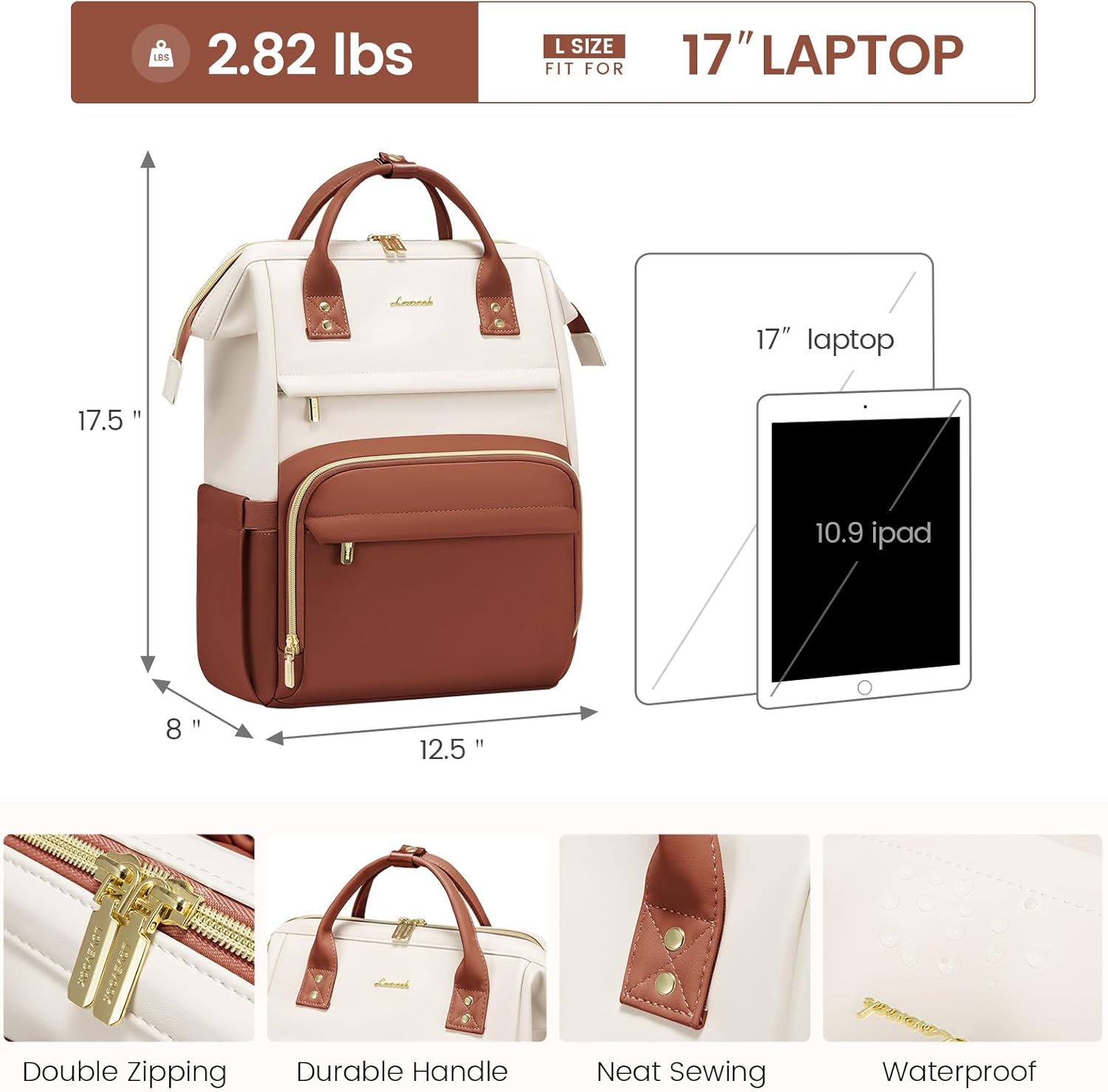 LOVEVOOK Leather Backpack for Women,17 inch Leather Laptop Backpack Women,Professional Work Backpack Nurse College Teacher Bag,Womens Laptop Tote Bag Computer Travel Backpack Purse,Beige White-Brown - Image 4