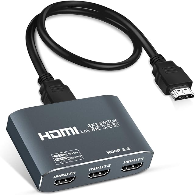 4K@60HZ HDMI Switch 3 in 1 out, Aluminum HDMI Switcher 4K with 1.2M HDMI Cable, 4K HDMI Switch Box Supports HDCP2.2, HDR10, 18Gbps, for Fire Stick, PS5/4, Game Consoles, Roku, PC