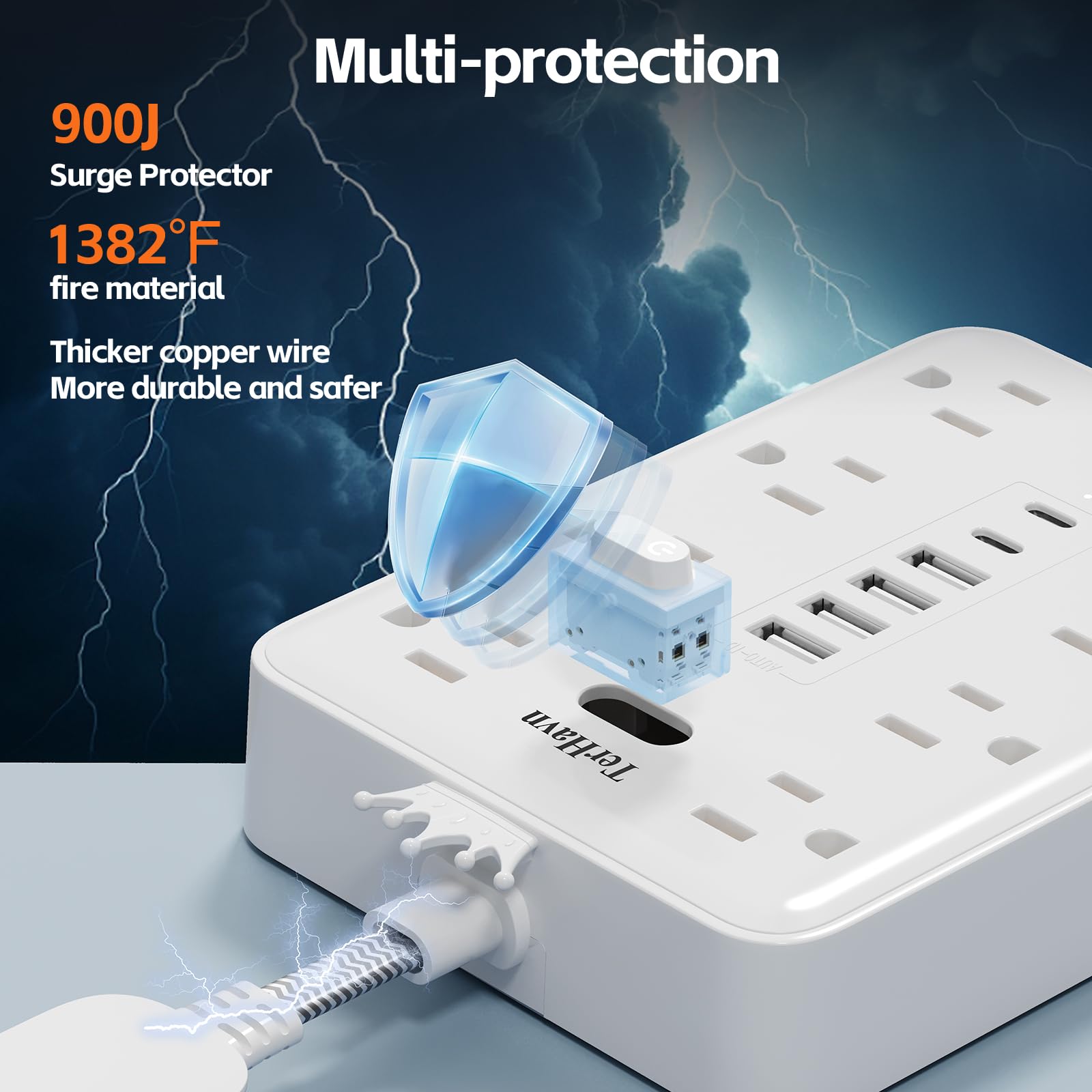Enchufe plano ultrafino, protector de sobrecarga, regleta de alimentación con 8 salidas de CA, 6 USB (2 USB C) para el hogar, oficina, dormitorio, viajes, esenciales, 15 A, 1875 W UL