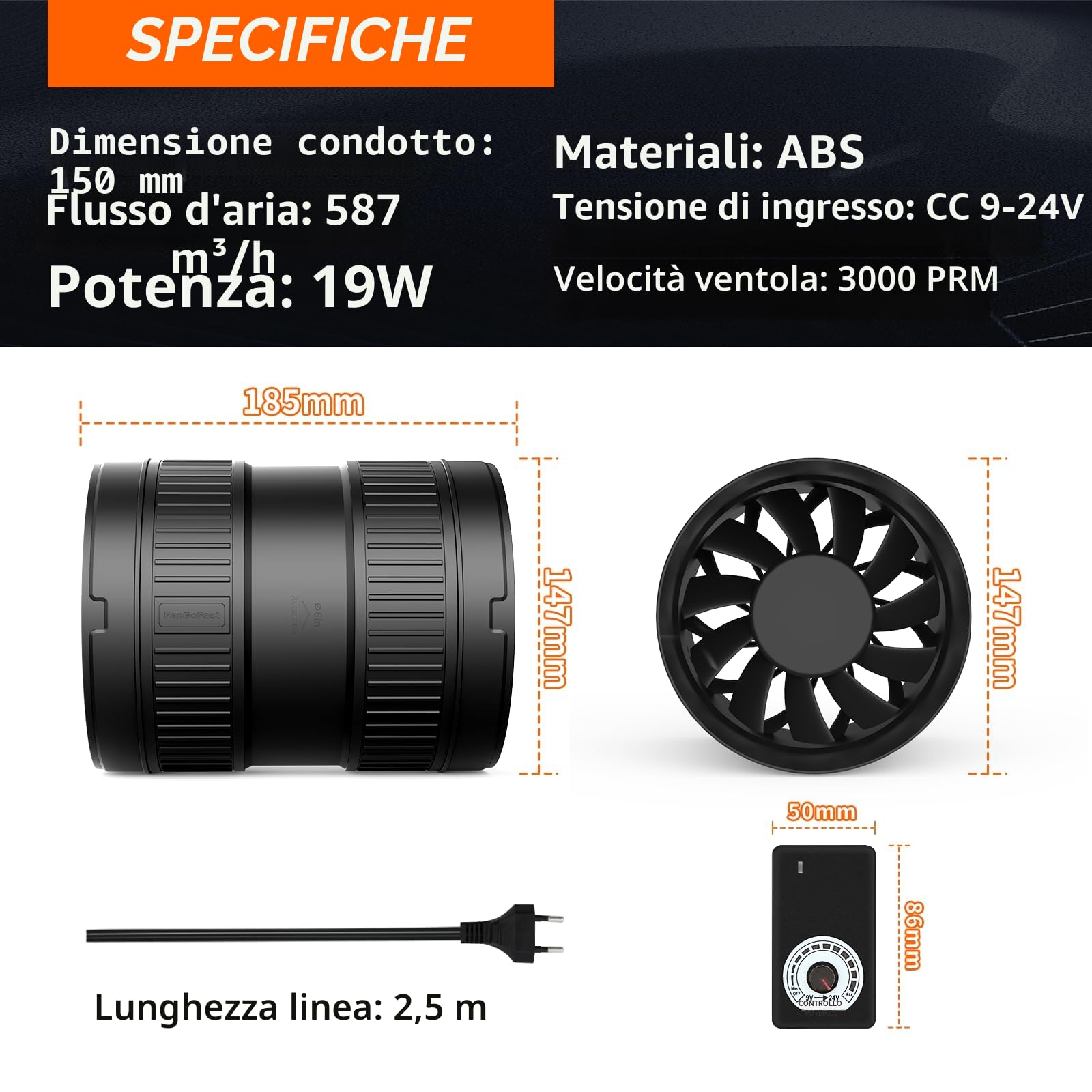 FanGoFast Estrattore Aria 150 mm, 587m³/h Ventola Aspirazione Regolabile con Controllore di Velocità Variabile per Bagno Cucina Garage Tenda Serra