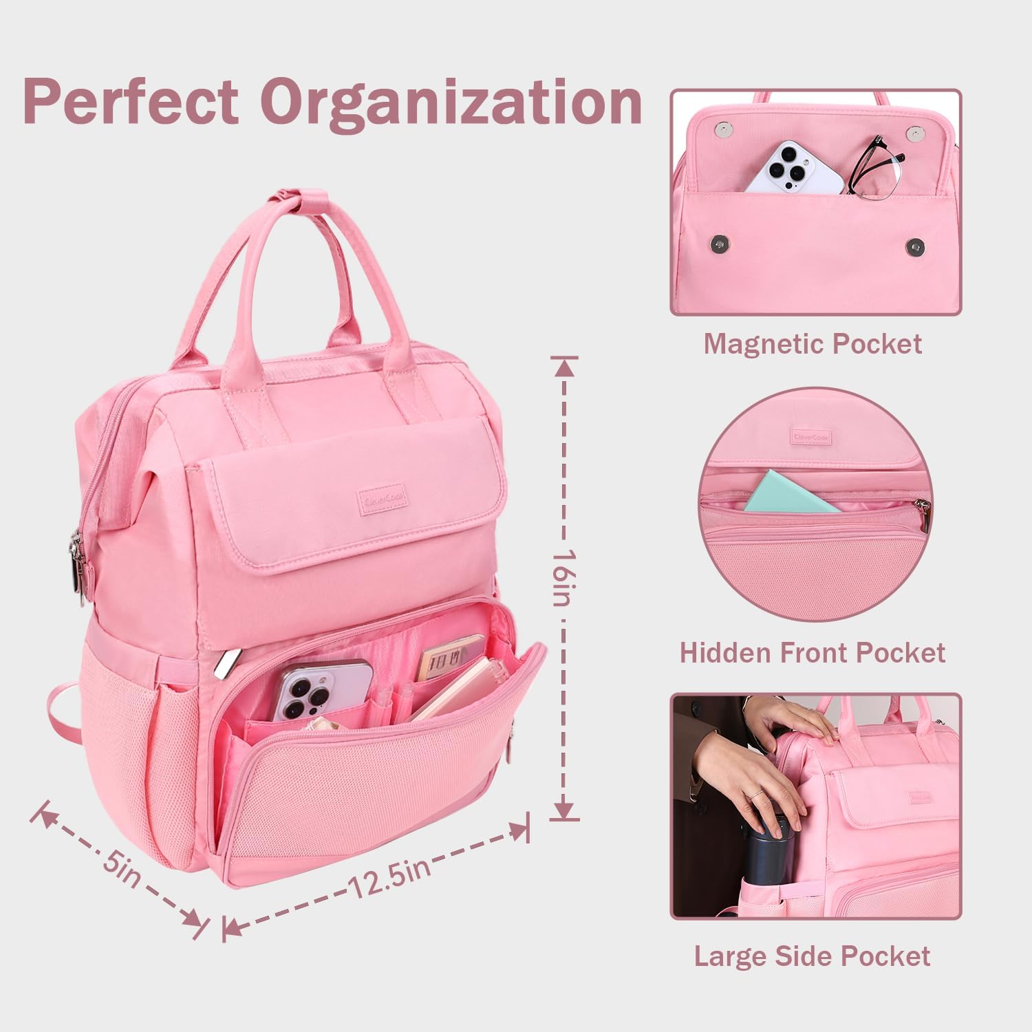 Laptop Backpack for Women & Men. 15.6 Inch Computer Backpack for Work Business, Waterproof Teacher Nurse Bag with Large Capacity, Lightweight College Bookbag Bags, Casual Daypack for Travel Pink