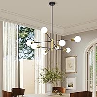 Vista 8 de BesLowe Candelabro Sputnik moderno de 31 pulgadas, 8 luces, lámparas de araña de mediados de siglo, color negro y dorado, lámpara colgante de techo
