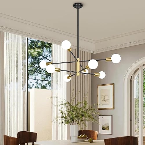 Miniatura 7 de BesLowe Candelabro Sputnik moderno de 8 luces, lámparas de mediados de siglo, color negro y dorado, lámpara colgante de techo de granja para
