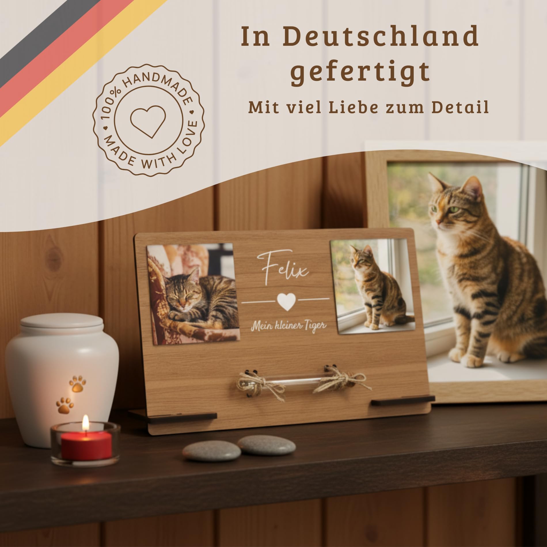 CHRISCK design Andenken an verstorbene Katze - personalisierter Katzen Gedenkrahmen mit Fotos & Glasröhrchen für Katzenhaar oder Asche - Erinnerungsrahmen aus Holz - Gedenkstätte & Trauergeschenk