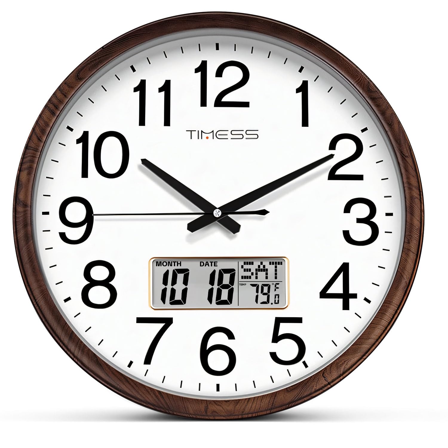 TIMESS Wall Clock, Classic Wood Style Finish, 13 Inch Non-Ticking Silent Battery Operated Quartz Analog with Perpetual Calendar and F° Temperature