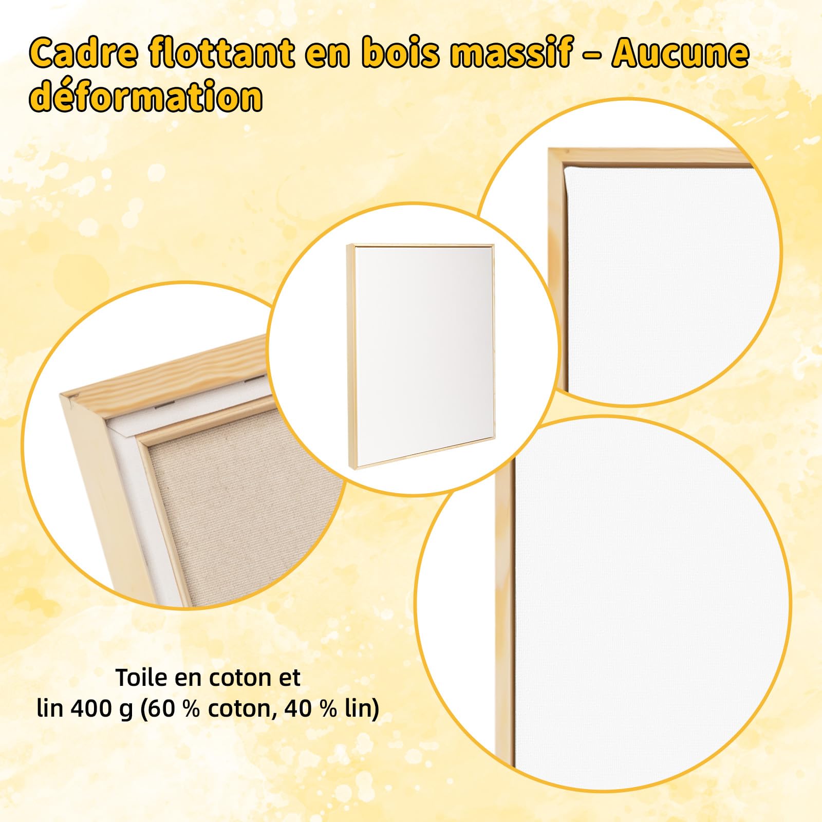 Lot de 4 Toiles Tendues 45x60 cm avec Cadres Flottants en Bois Naturel – Mélange Coton-Lin 400 g/m², Triple Apprêt Titane Sans Acide, Finition Galerie – Prêt à Accrocher