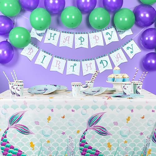 Miniatura 6 de WERNNSAI Mantel de mesa de sirena, paquete de 2 manteles de plástico estampados desechables de 108 x 54 pulgadas, suministros de fiesta para niños y