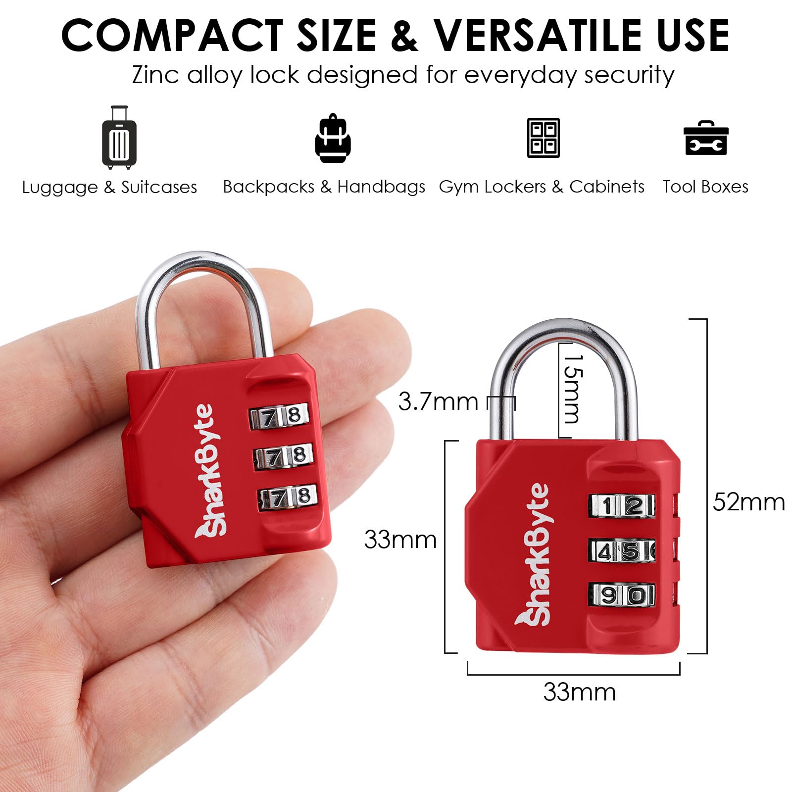 SharkByte Confezione da 3 lucchetti piccoli per bagagli, con combinazione a 3 cifre, resistenti alle intemperie, per valigie, borse da viaggio, armadietti da palestra, biciclette e serratura