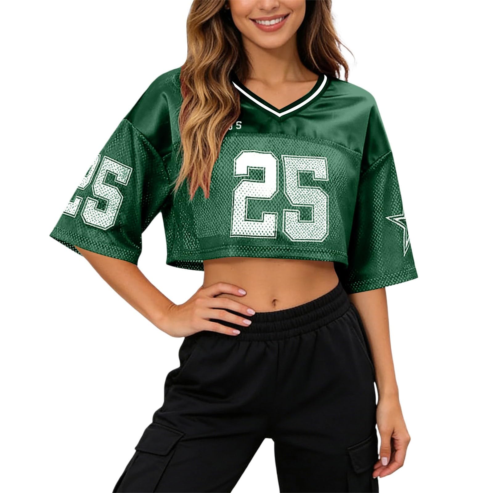 Baseball Shirt Women's Y2K Basketball T-Shirt Short Sleeve V-Neck Number Print Shirt Loose Crop Top Sexy Crop Top Cheerleader Outfit Hip-Hop Style Streetwear, O Green, XXL
