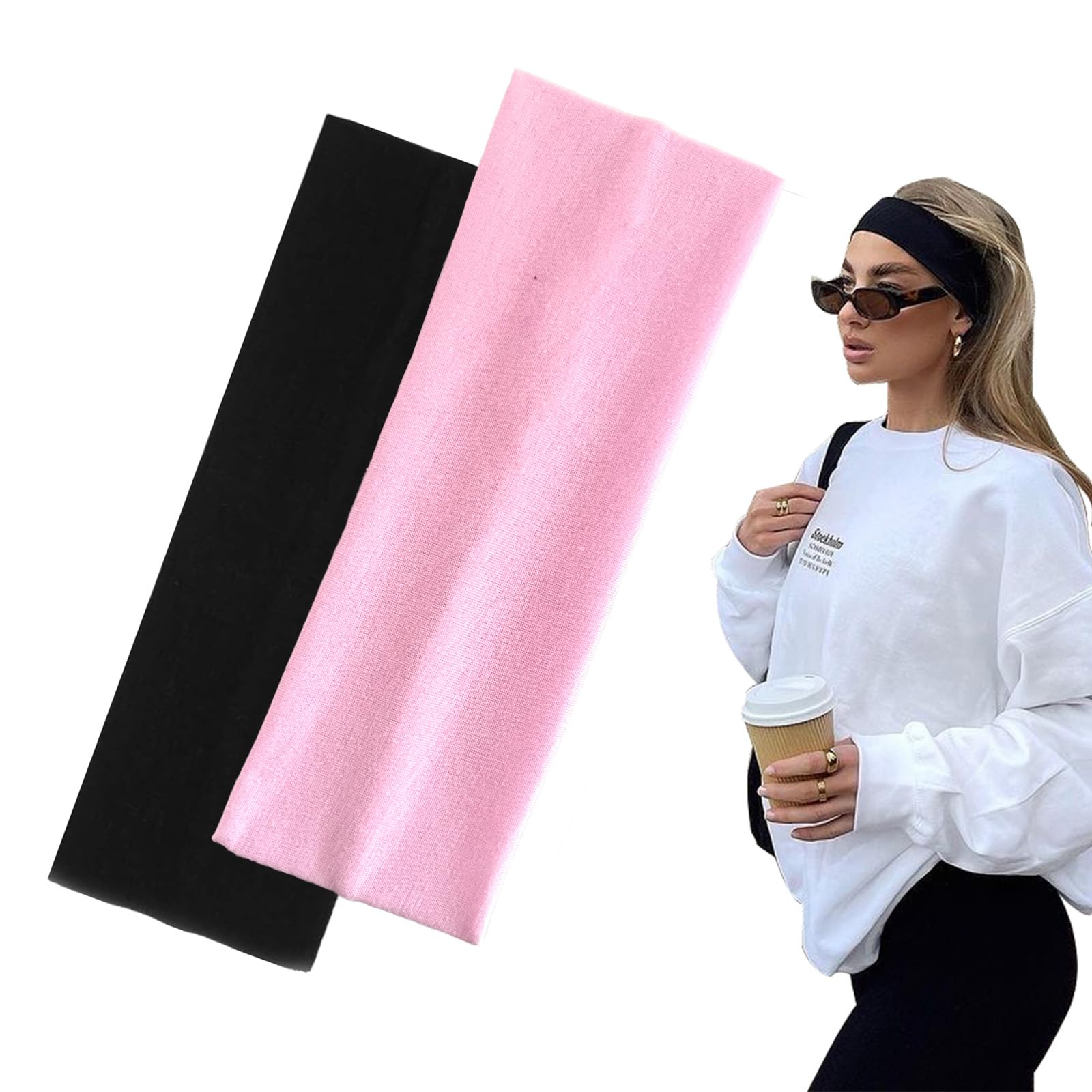 7cm Wide Black Headbands for Women Men, Yedtreg 2pack Fashion Head Bands for Women's Hair, Soft Fabric Stretchy Hair Bands for Makeup, Yoga, Running, Sports (Black/White) — view 7