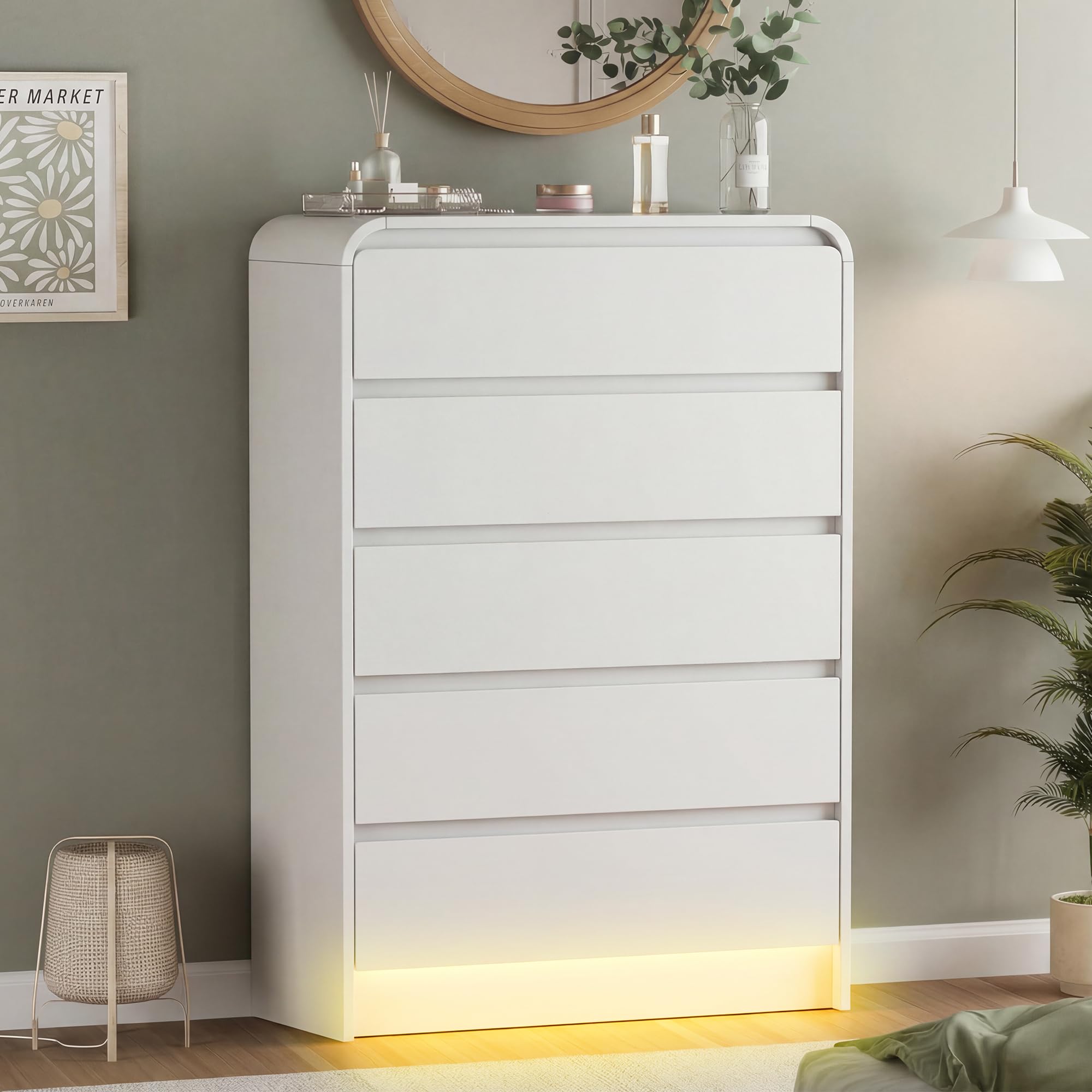 Cassettiera alta 5 cassetti con LED RGB, mobile portaoggetti bianco senza maniglie, cassettiera stretta moderna per camera da letto adulto o bambino, design minimalista salvaspazio 73 x 40 x