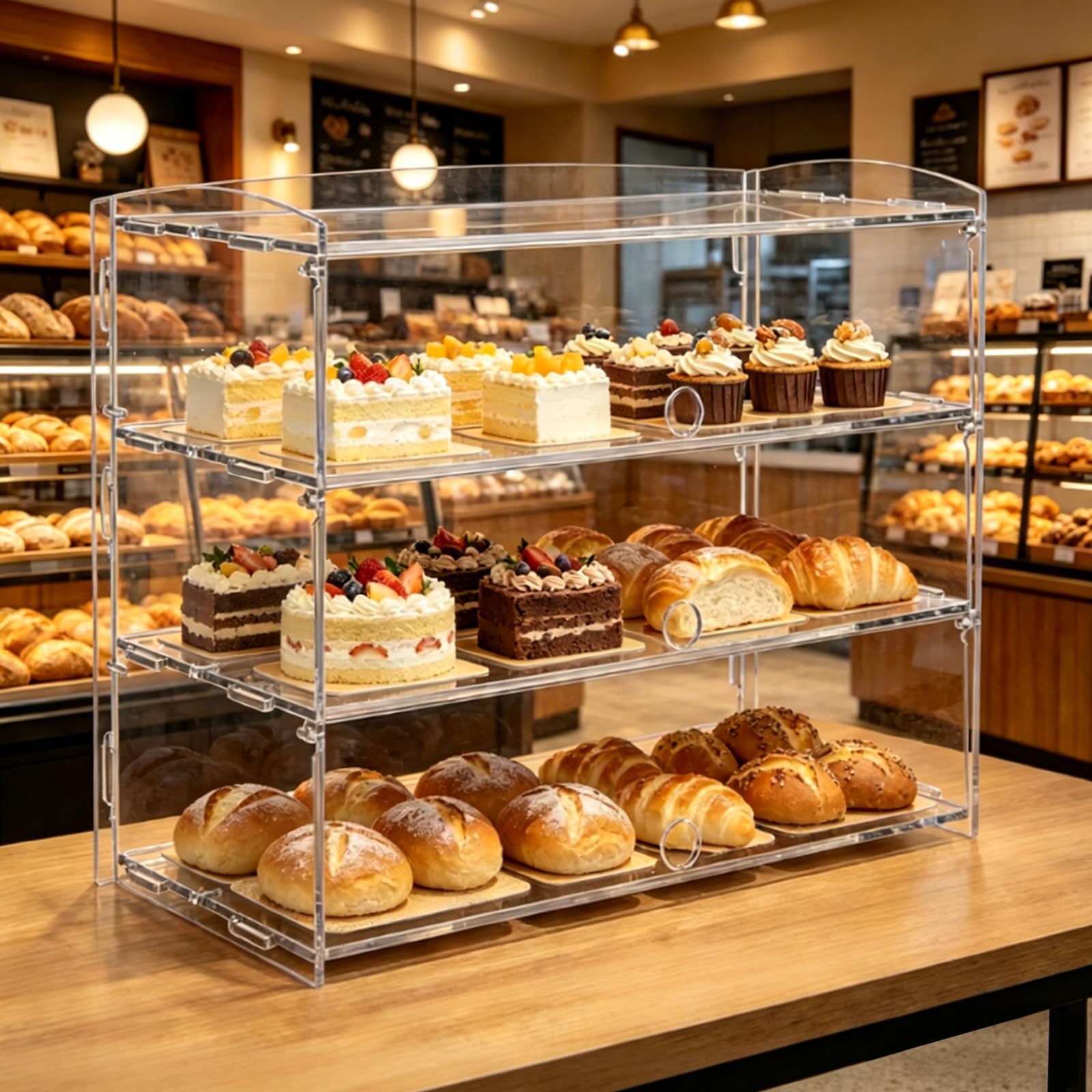 Vitrina de panadería, vitrina de panadería de 3 niveles, 19 x 15.4 x 9 pulgadas, vitrina de acrílico comercial con acceso a la puerta trasera y pinzas para pan para pan, pasteles, postres