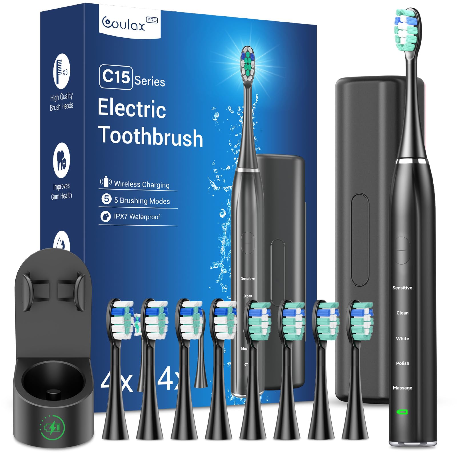 Electric Toothbrush - Sonic Electric Toothbrush for Adults with Wireless Charging Station and 8 Brush Heads, 5 Modes, Sonic Toothbrushes with Travel Case, Brushing Timer