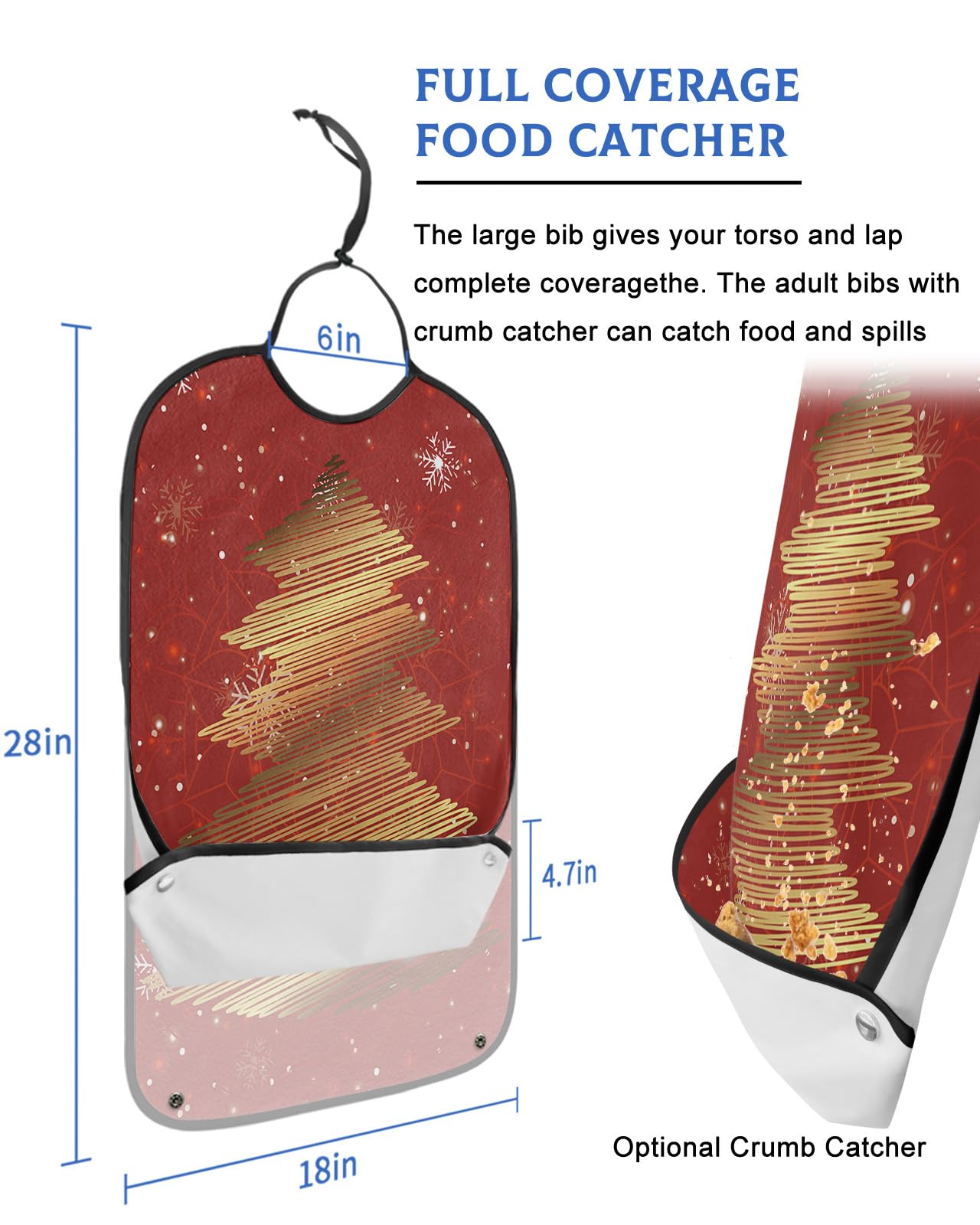 LEOKOTI Christmas Tree Adult Bibs for Eating, Waterproof Bibs with Food Catcher & Adjustable Snap Closure, Snowflake Golden Xmas Tree Red Washable Clothing Protectors Adult Bibs for Elderly Women/Men