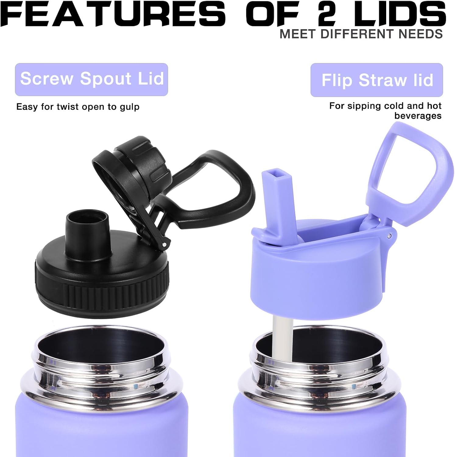 Volhoply 20oz Insulated Stainless Steel Water Bottle with Straw Lid, Kids Wide Mouth Double Wall Vacuum Cups with Handle,Reusable Outdoor Sports Metal Bottles,Camping Travel Flask(Purple Blue,1) - Image 2