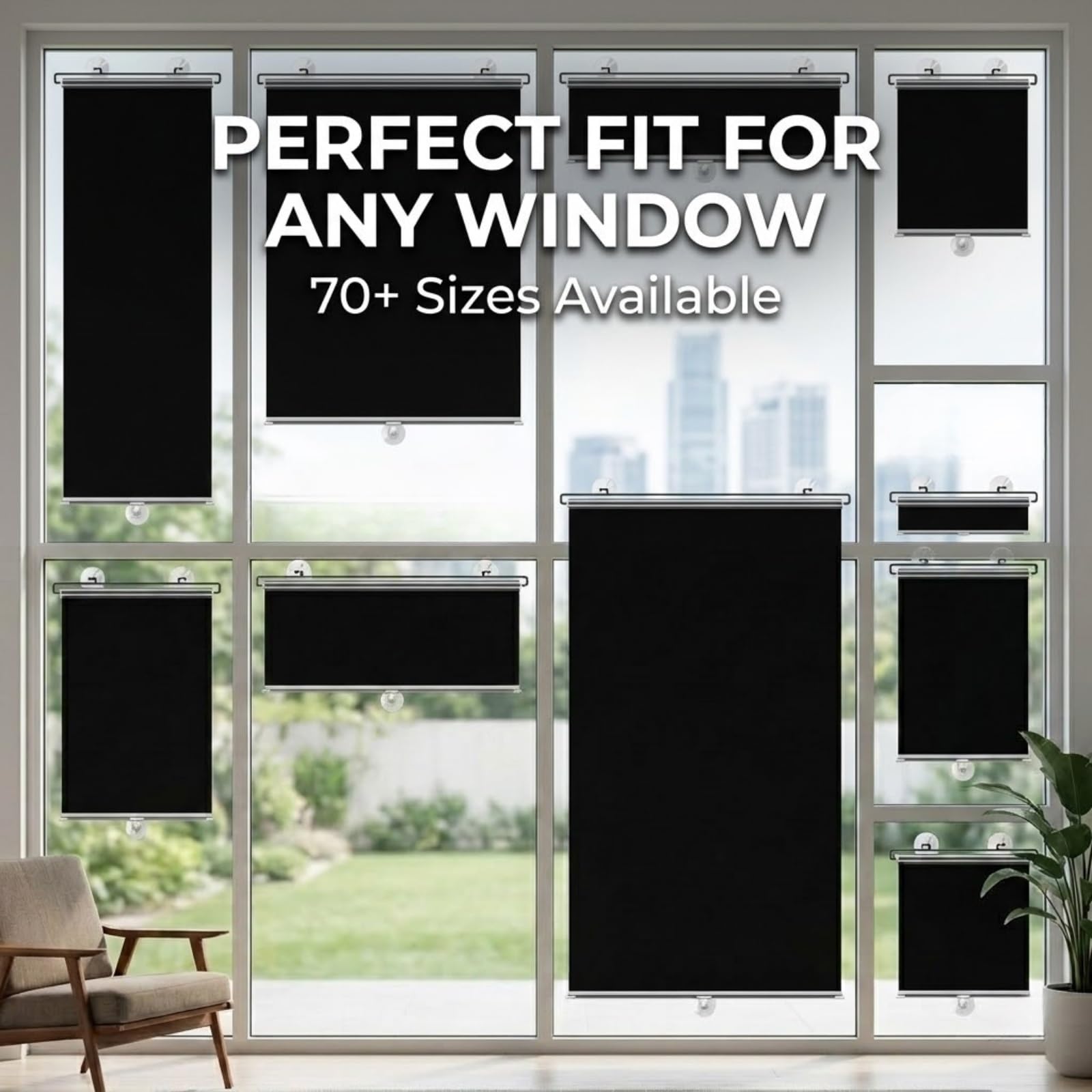 Verdunkelungsrollo ohne Bohren mit Saugnäpfen, Sonnenschutz Fenster innen, Hitzeschutz Thermo Rollo für Auto, Büro & Dachfenster, Einziehbar Sichtschutz, 68x125cm(Black,79W x 150H cm)