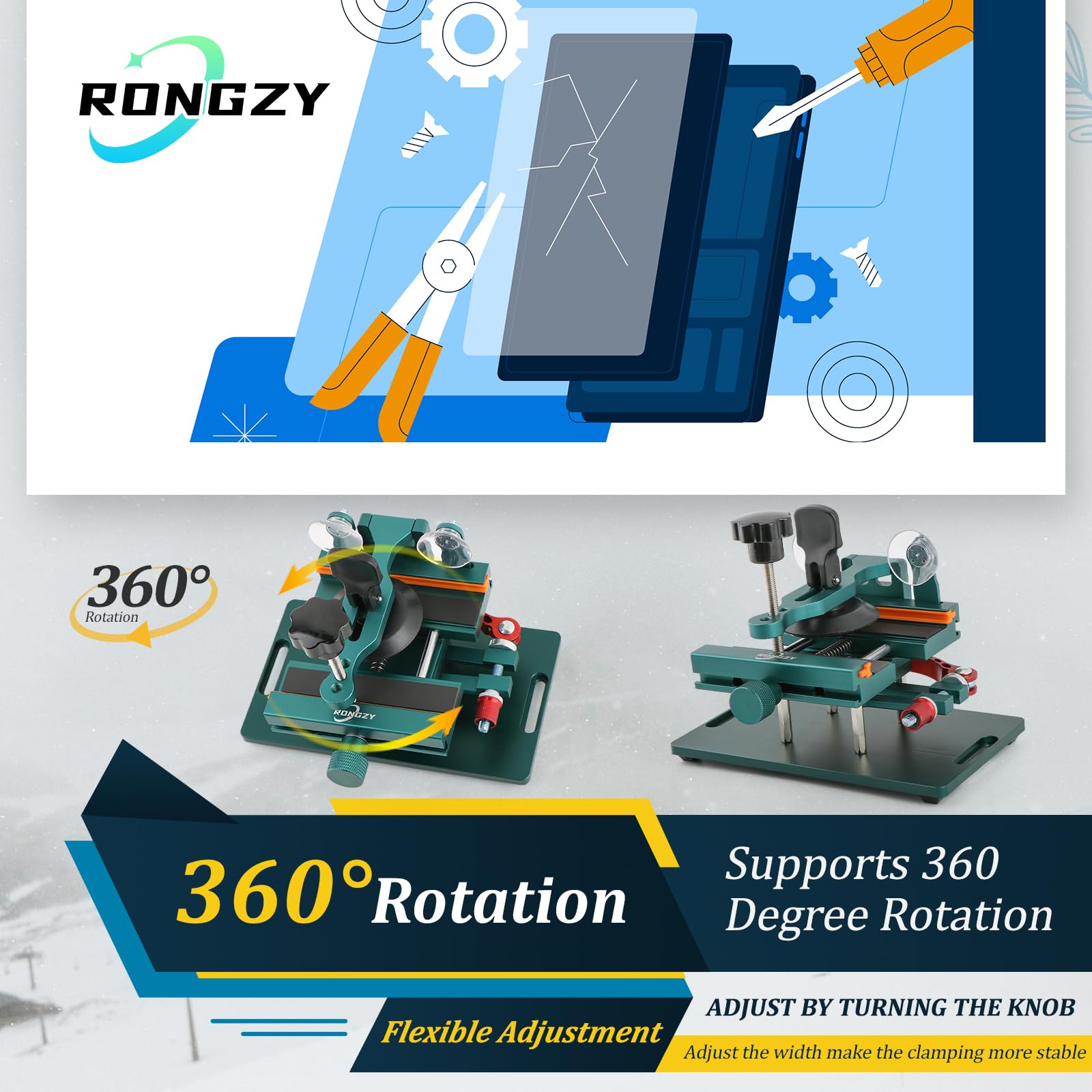 RongZy Giratoria de 360° Bloqueable Abrazadera de Fijación de Pantalla LCD Universal para Xiaomi/iPhone Abrazadera de Demolición de la Tapa Trasera y Cristal de la Cámara Trasera del Teléfonoxx with