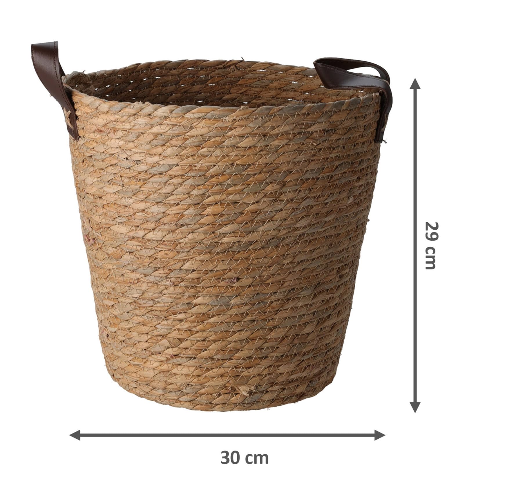 Spetebo Juego de 3 cestas de almacenamiento de algas marinas con asas, 30, 26, 24 cm, juego de cestas de fibras naturales robustas, cesta con asas de piel sintética, multiusos, estantería decorativa