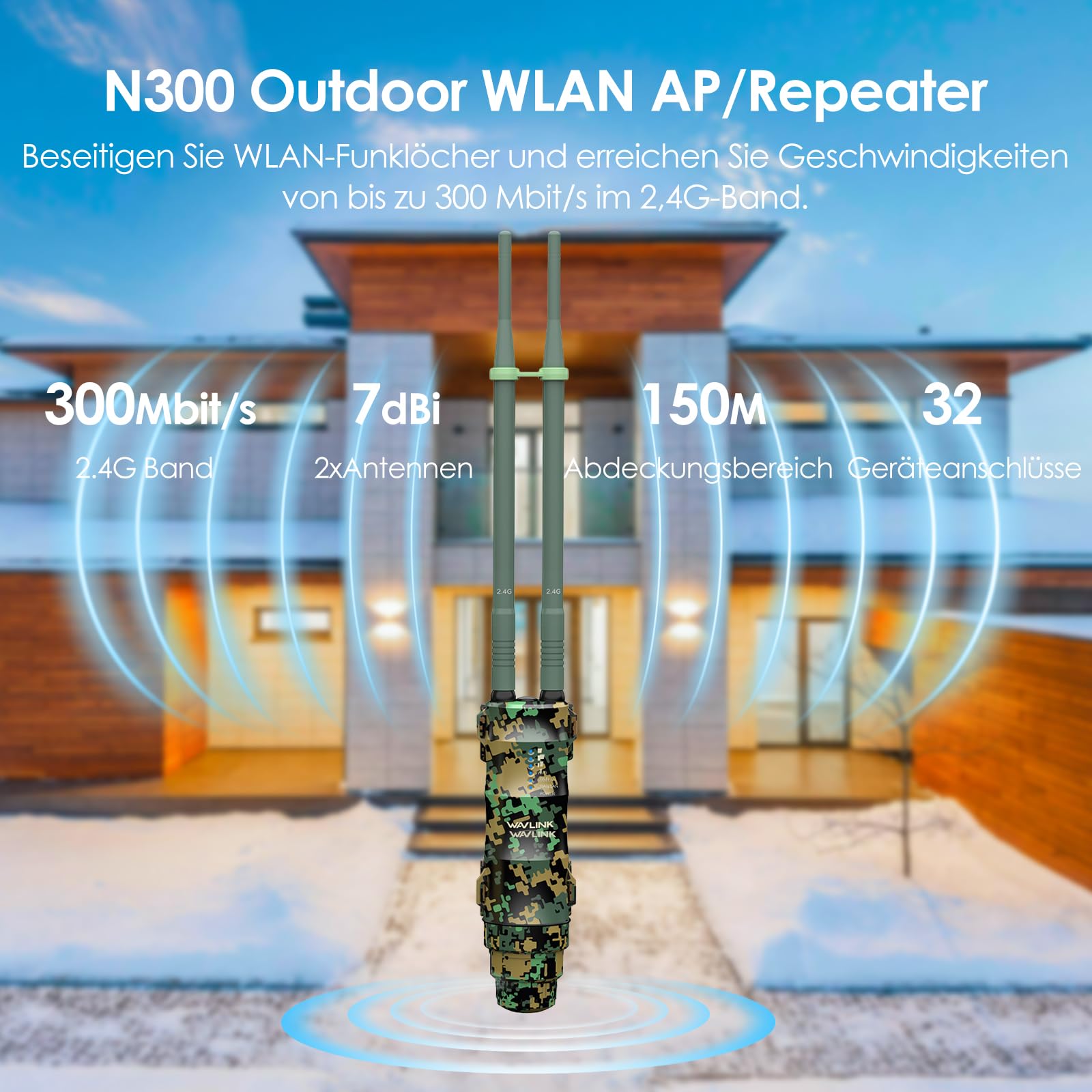 WAVLINK N300 Outdoor WLAN Repeater Greenwood, wetterfester 300Mbit/s WLAN Access Point/Verstärker unterstützt Passive/Active PoE, AP/Router/Repeater Modi, 100Mbit/s WAN/LAN, WPA2, EU-Netzteil