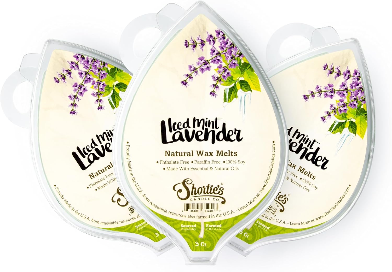 Shortie's Candle Company Iced Mint Lavender Natural Soy Wax Melts 3 Pack - 3 Highly Scented 3 Oz. Bars - Made with 100% Soy and Essential Fragrance Oils - Phthalate & Paraffin Free, Vegan, Non-Toxic