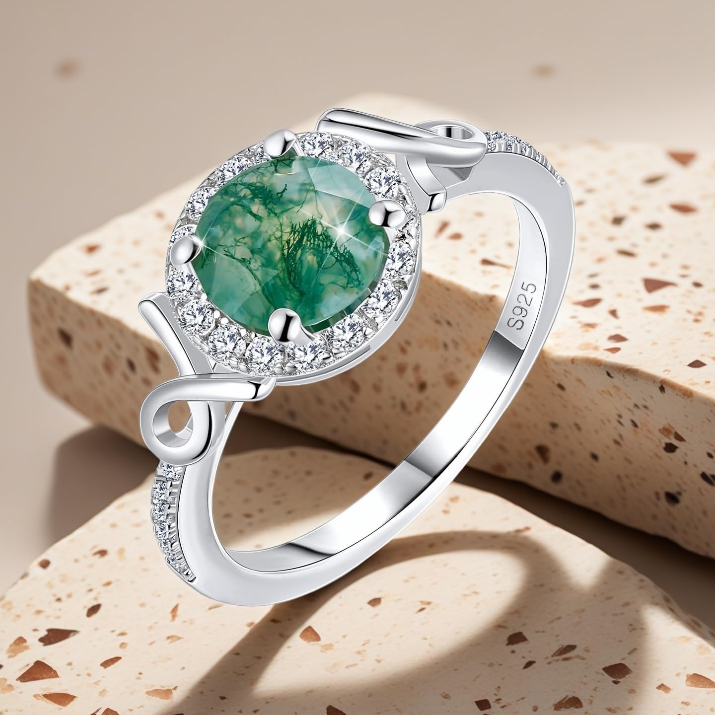 S925 Sterling Silver Natural Moss Agate Ring Engagement Ring Wedding Promise Ring Jewelry for Women - Image 3