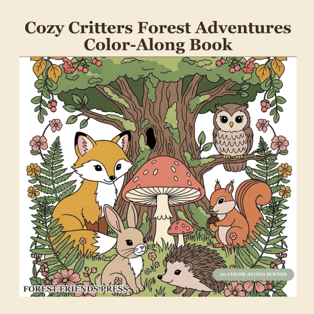 Cozy Critters Forest Adventures Color-Along Book: A See-Then-Color Journey with 40 Pages of Whimsical Woodland Scenes and Finished Examples for Adults, Teens, and Kids