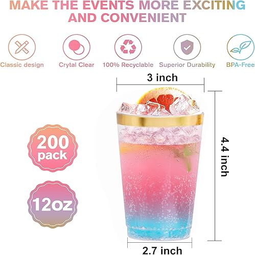Miniatura 2 de supernal 200 vasos de plástico dorados de 12 onzas, vasos desechables para fiestas, vasos de cóctel de plástico, vasos transparentes con oro, tazas