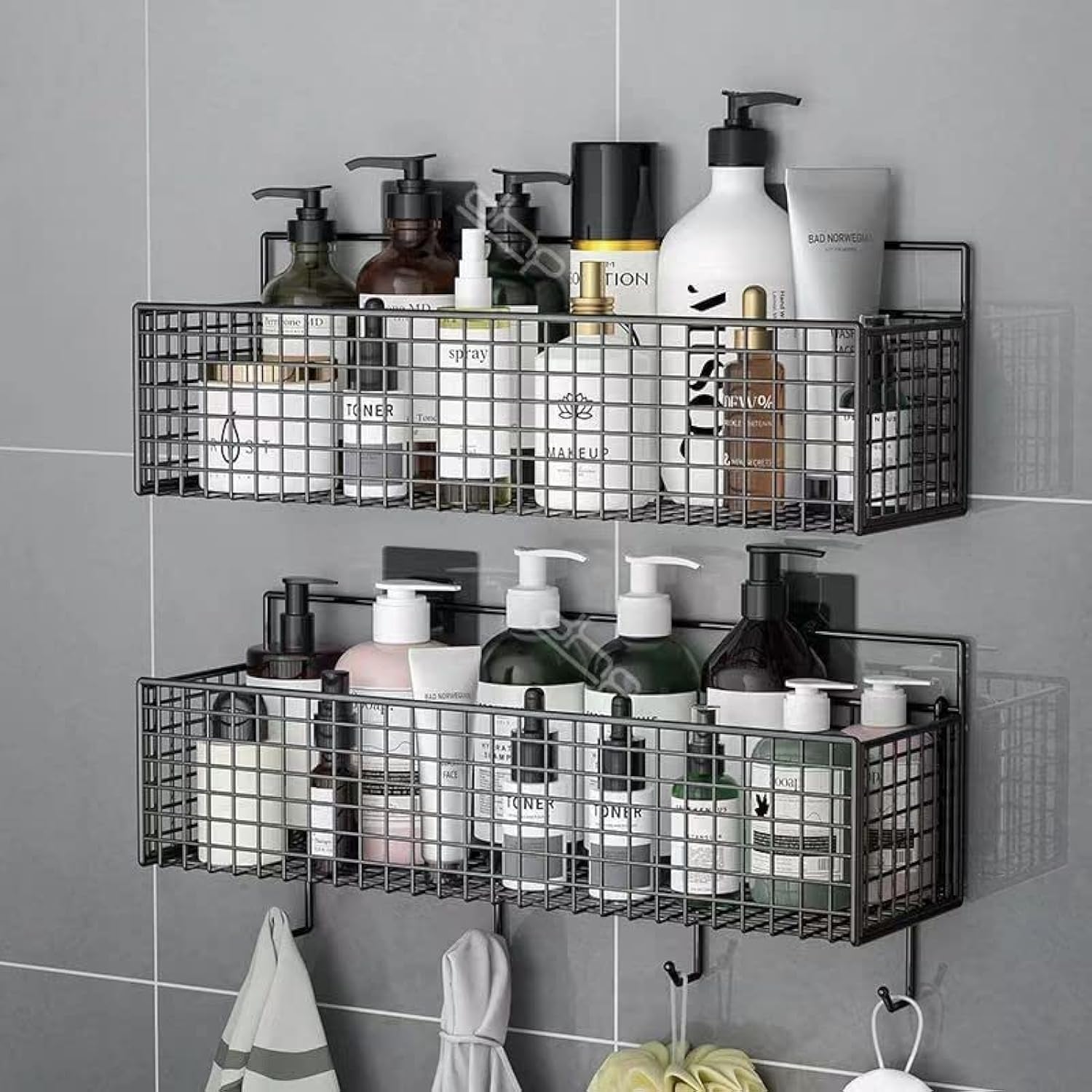 2Pack Adhesive Shower Caddy Basket, 2 Pack Portable Wall Mount Decor Storage Organizer Basket Bin with Hooks,No Drilling, Wall Metal Basket for Cabinet, Kitchen and Bathroom Storage