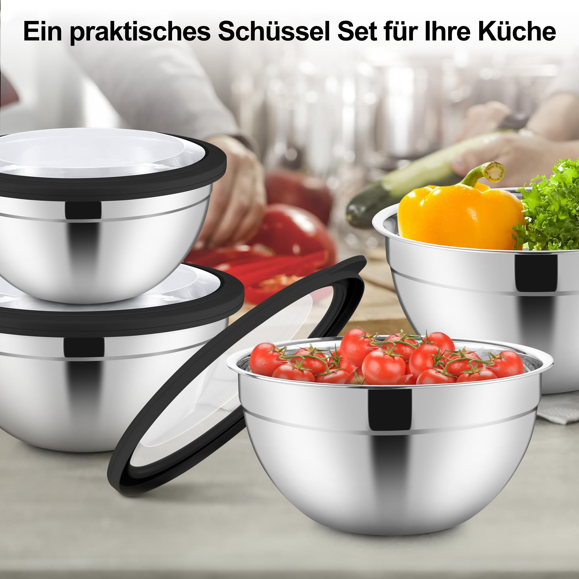 Herogo Zestaw 5 misek do mieszania ze stali nierdzewnej, miska do sałaty z przezroczystą, hermetyczną pokrywką, zestaw misek do pieczenia, 4,5 l/2,7 l/1,5 l/1,2 l/0,7 l, można układać w stos, można