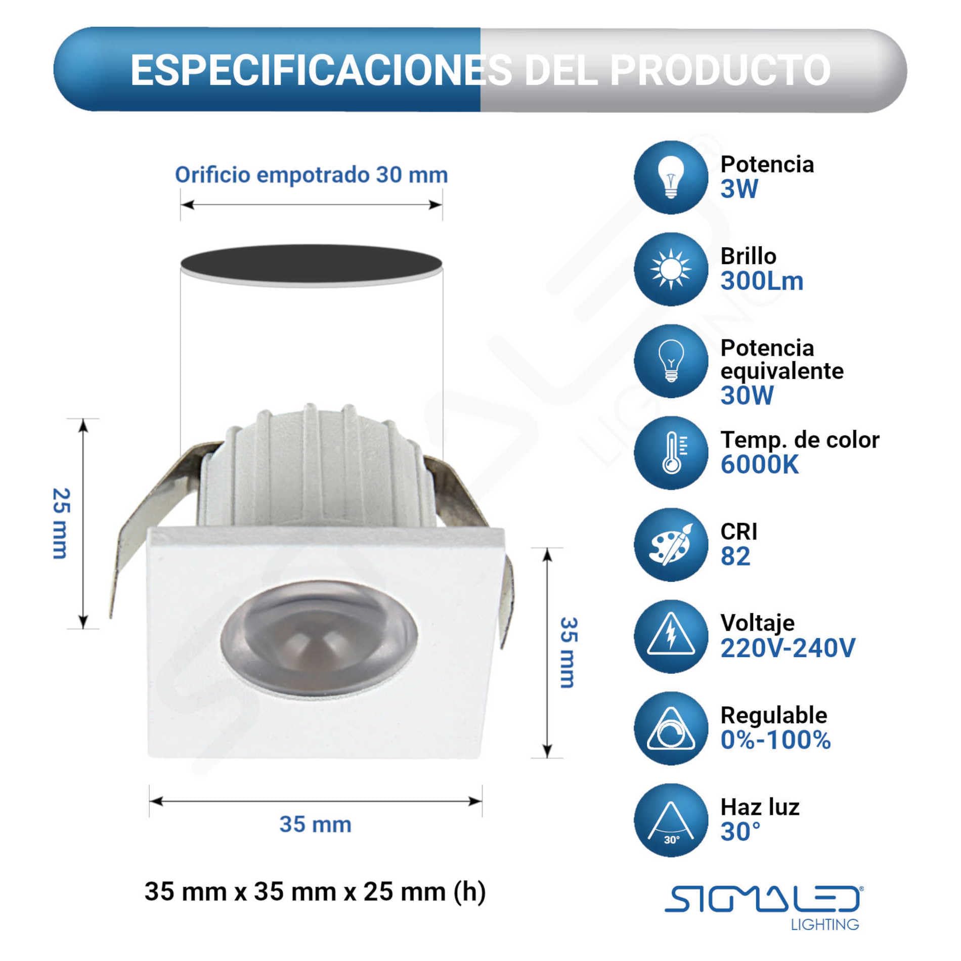 SIGMALED LIGHTING, MINI FOCO LED 3W, Dimmable, 300lumen, Luz Fría 6000K, Spot empotrable CUADRADO, 220V/240V, Driver NO NECESARIO, 35x35x25mm, 10 Focos