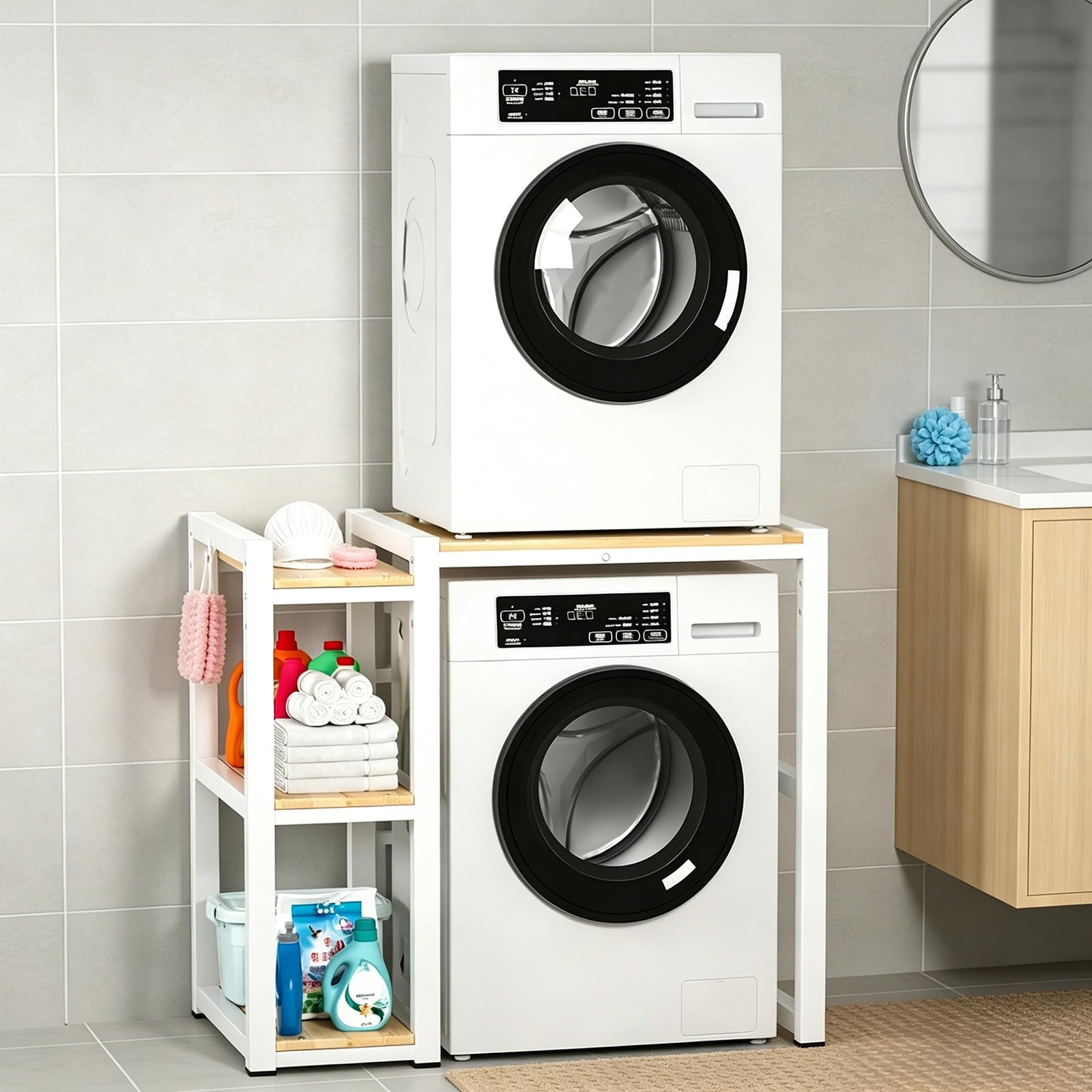 Regal Über Waschmaschine Trockner mit Seitenablagen, Höhenverstellbares Waschmaschinenregal Doppelt, Waschmaschine Trockner Regal für Waschküche Badezimmer Wohnung(White)