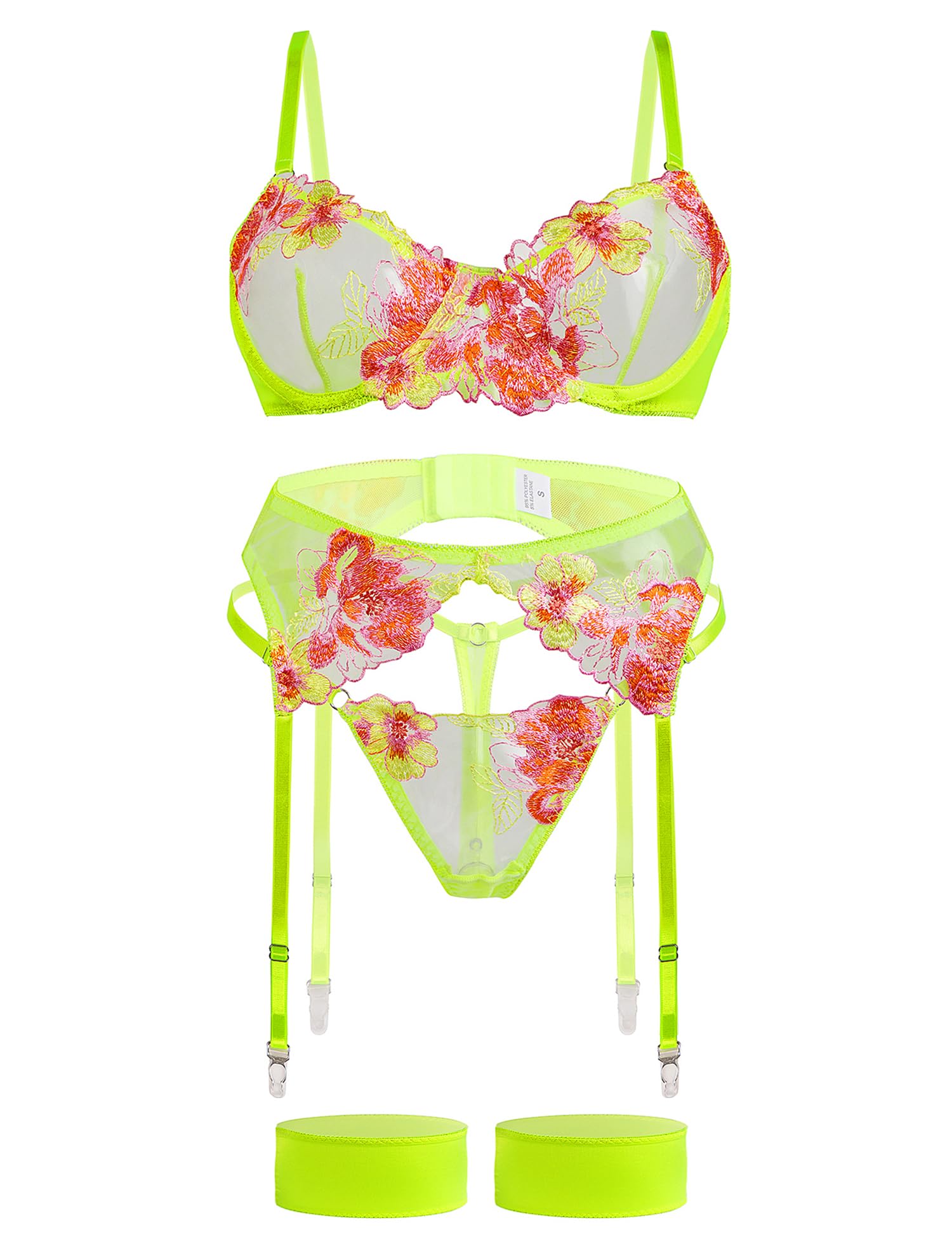 Aranmei Ensemble de Lingerie 4 pièces pour Femme avec Dentelle Florale brodée et Soutien-Gorge à Armatures avec String et Porte-Jarretelles