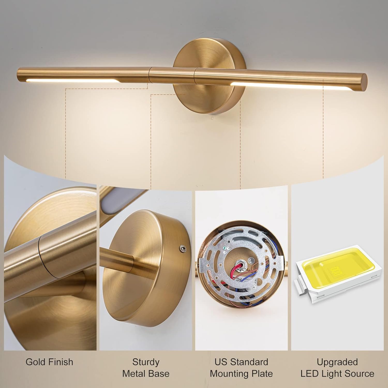 Gold Bathroom Light Fixtures Over Mirror 24 Inch, 18W 360° Rotatable Dimmable 4000K Led Brass Vanity Lighting Fixture, Brushed Gold Bathroom Vanity Lights Above Mirror