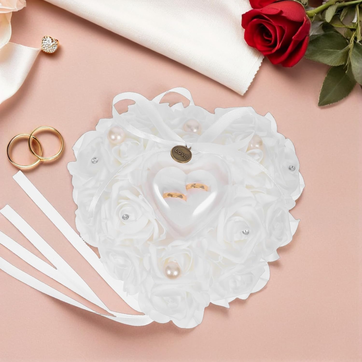Zerodeko Wedding Ring Pillow Heart-Shaped Engagement Ring Bearer Pillow with Simulated Rose White Satin for Wedding Ceremony Proposal
