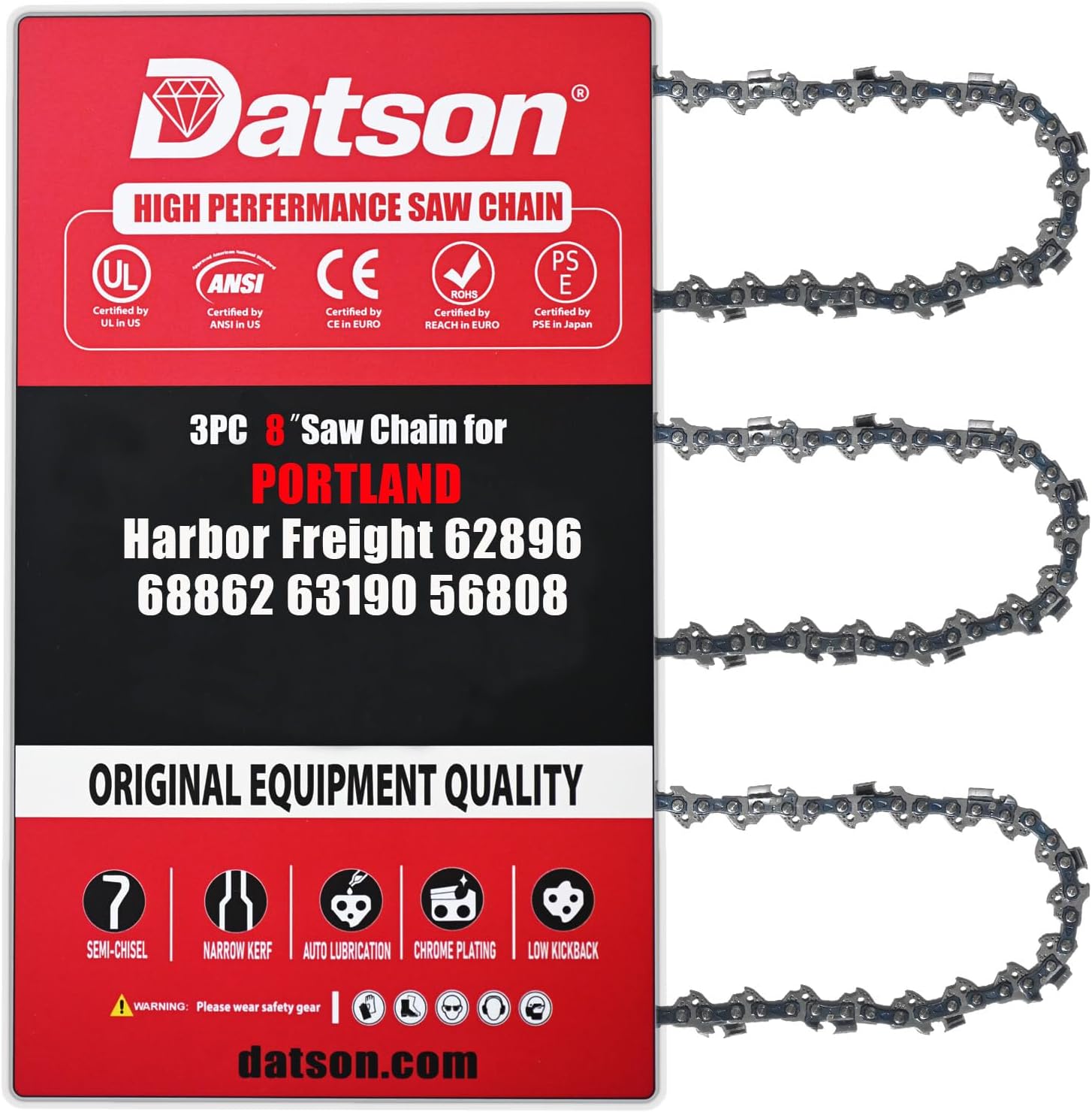 8 Inch Chainsaw Chain Replacement for Portland Harbor Freight 9.5 inch Portland Harbor Freight 62896 68862 63190 56808,Portland, Greenworks, Kobalt, Remington, Sun Joe and More- S33(3 Chains)